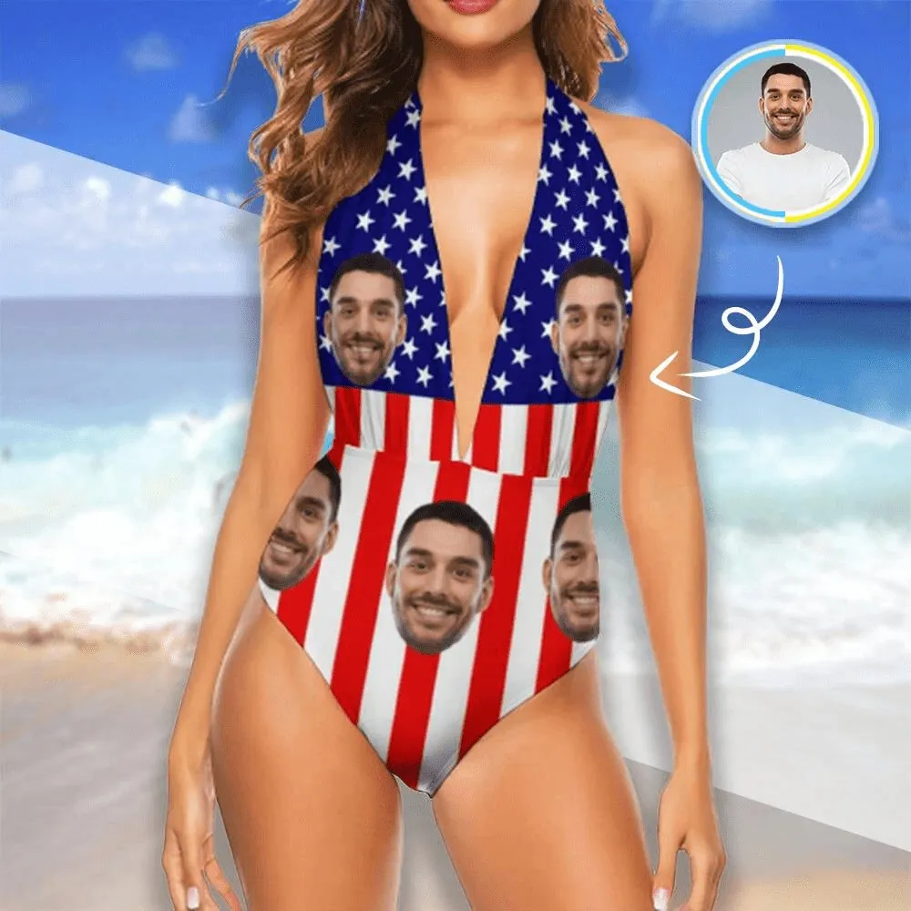 Couple Matching Beach Shorts&One Piece Bathing Suit Custom Face You USA Flag Personalized Photo Men's Quick-drying Beach Shorts