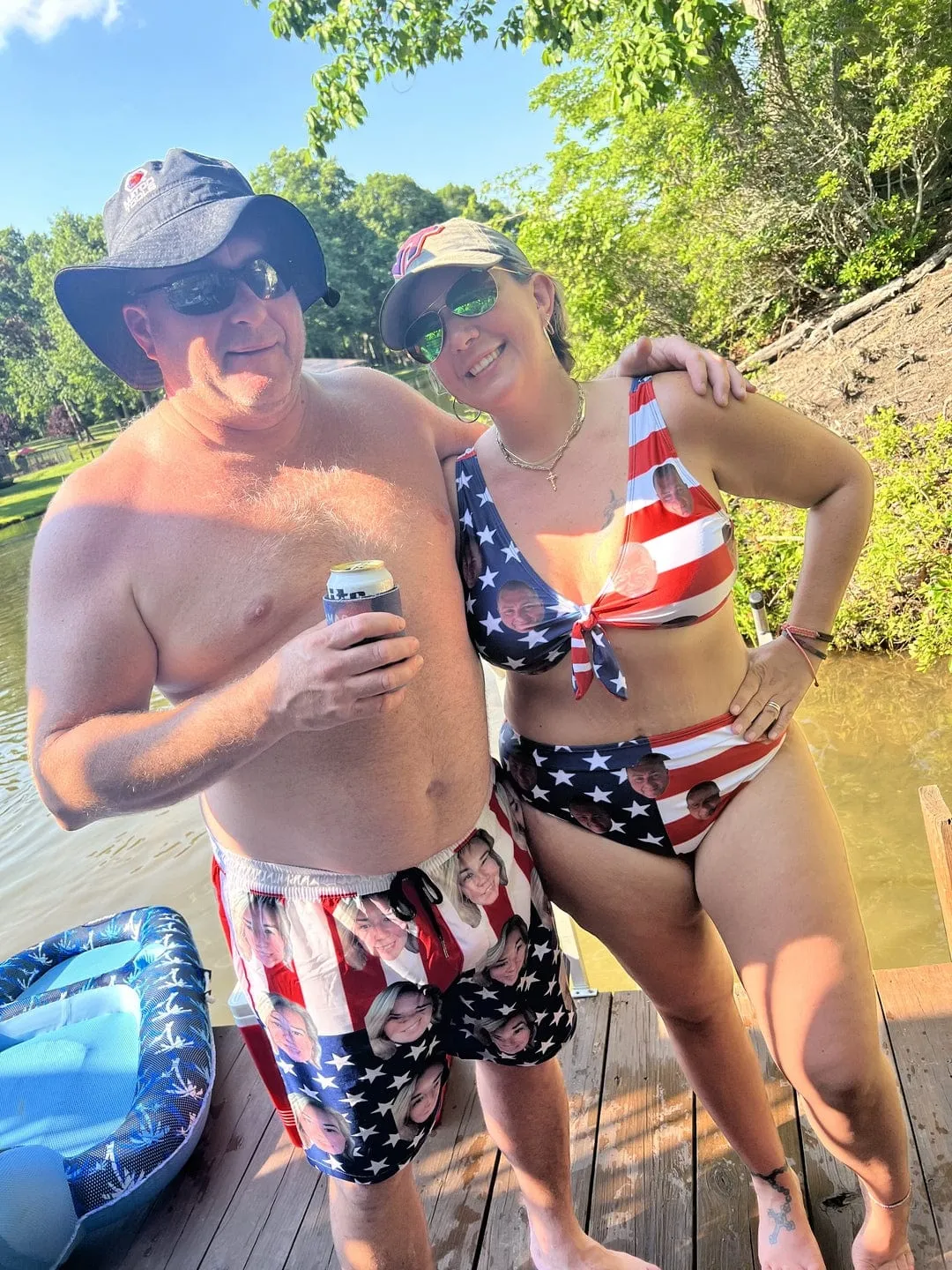 #Couple Matching Swimwear #American Flag Bathingsuit #Independence Day#Custom Husband Face American Flag Swimsuit Personalized Bikini & Swim Trunks Celebrate Holiday Party