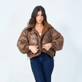 Cropped puffer jacket with textured details wholesale