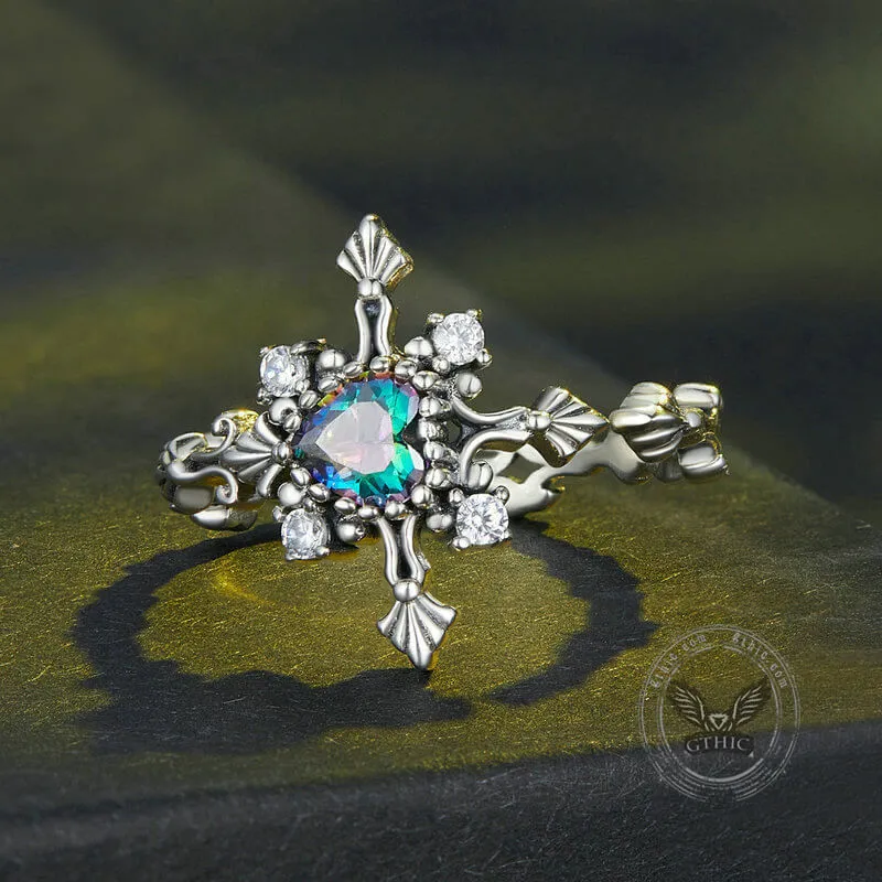 Cross Inlaid Heart-shaped Zircon Sterling Silver Open Ring