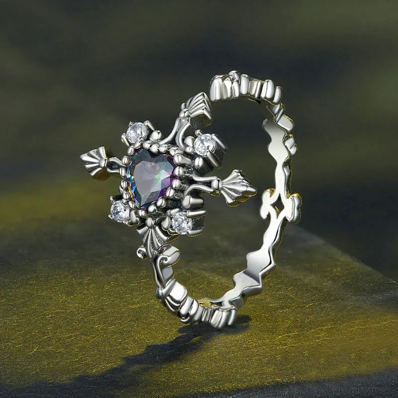 Cross Inlaid Heart-shaped Zircon Sterling Silver Open Ring