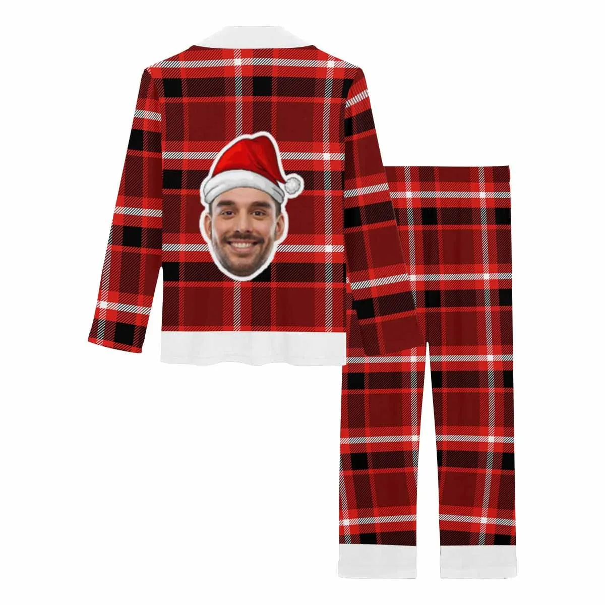 Custom Big Face Christmas Hat Sleepwear Couple Matching V-Neck Long Pajama Set Best Christmas Gift