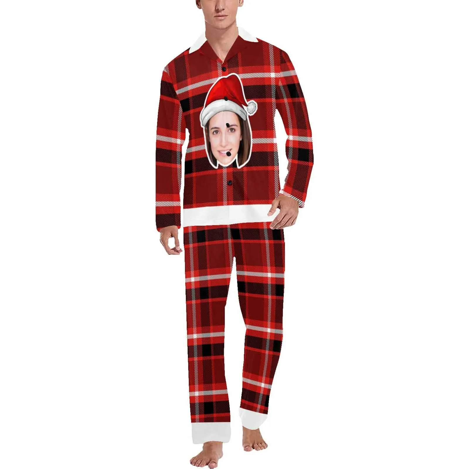 Custom Big Face Christmas Hat Sleepwear Couple Matching V-Neck Long Pajama Set Best Christmas Gift