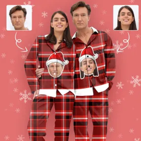 Custom Big Face Christmas Hat Sleepwear Couple Matching V-Neck Long Pajama Set Best Christmas Gift