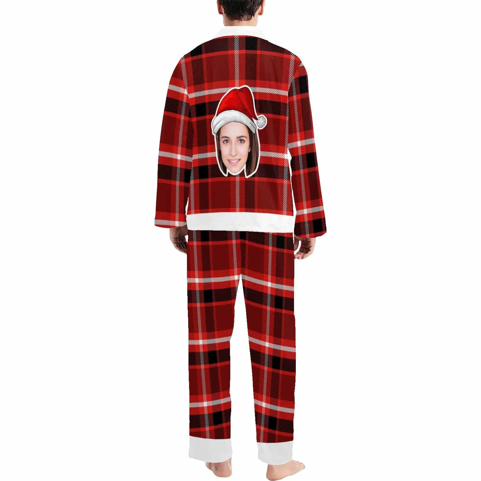 Custom Big Face Christmas Hat Sleepwear Couple Matching V-Neck Long Pajama Set Best Christmas Gift