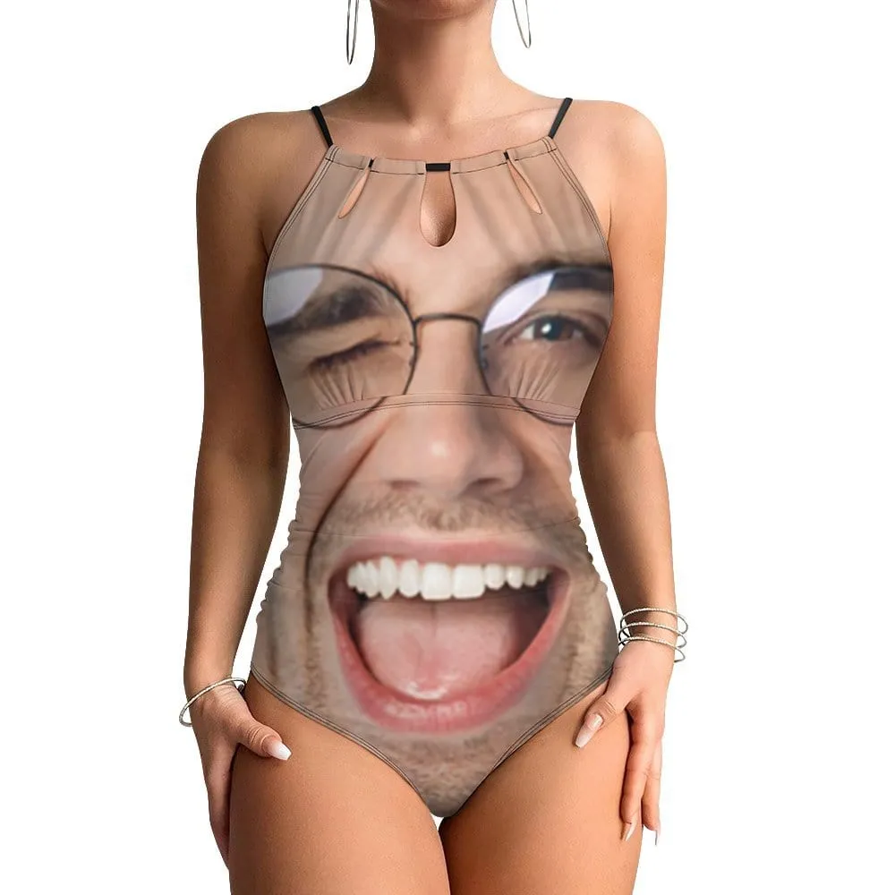 Custom Big Funny Face Swimsuit Personalized Women's One Piece Backless Tie Swimsuit Face Bathing Suit