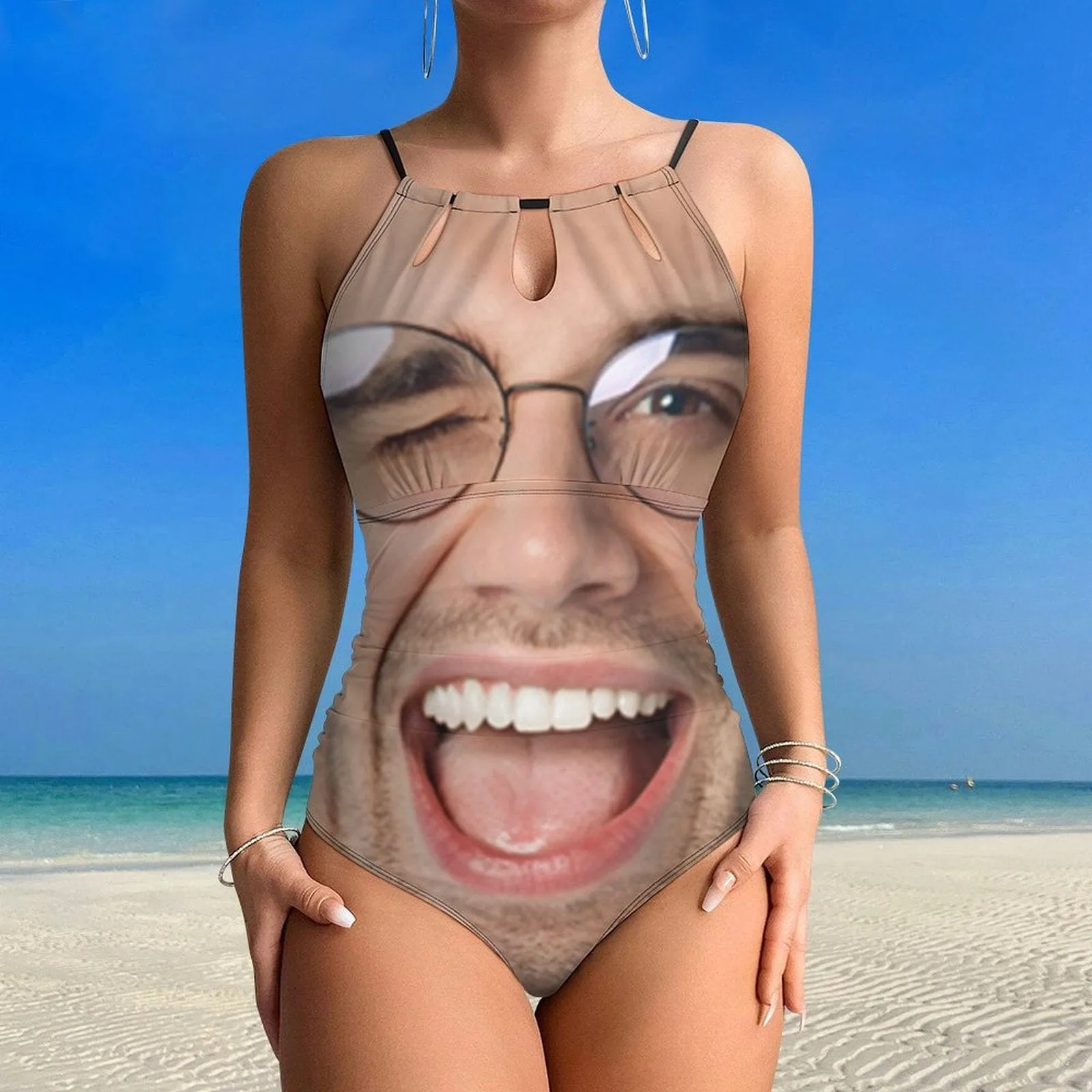 Custom Big Funny Face Swimsuit Personalized Women's One Piece Backless Tie Swimsuit Face Bathing Suit