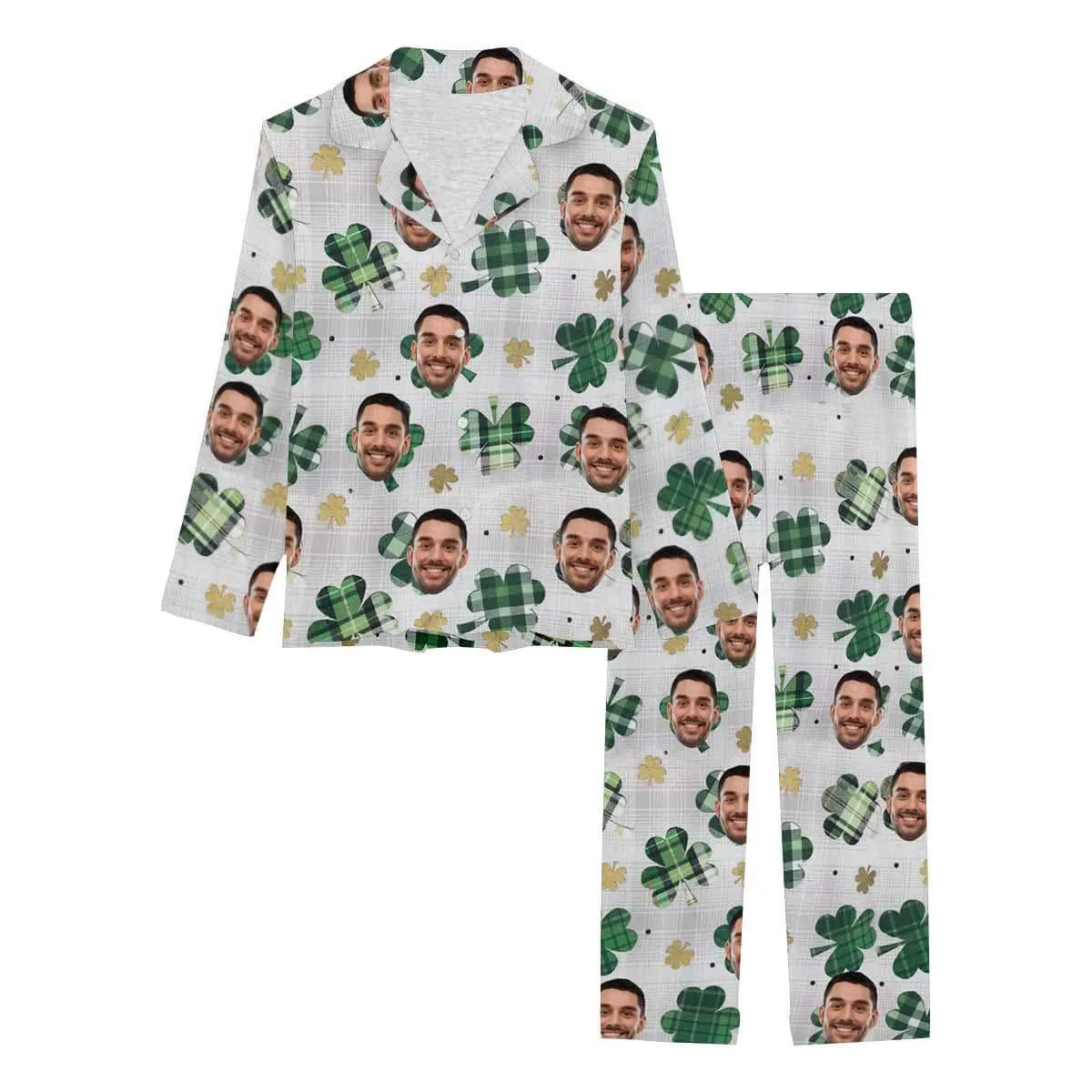 Custom Boyfriend Face Pajamas Green Grid Clover Sleepwear Personalized Women's Slumber Party Long Pajama Set