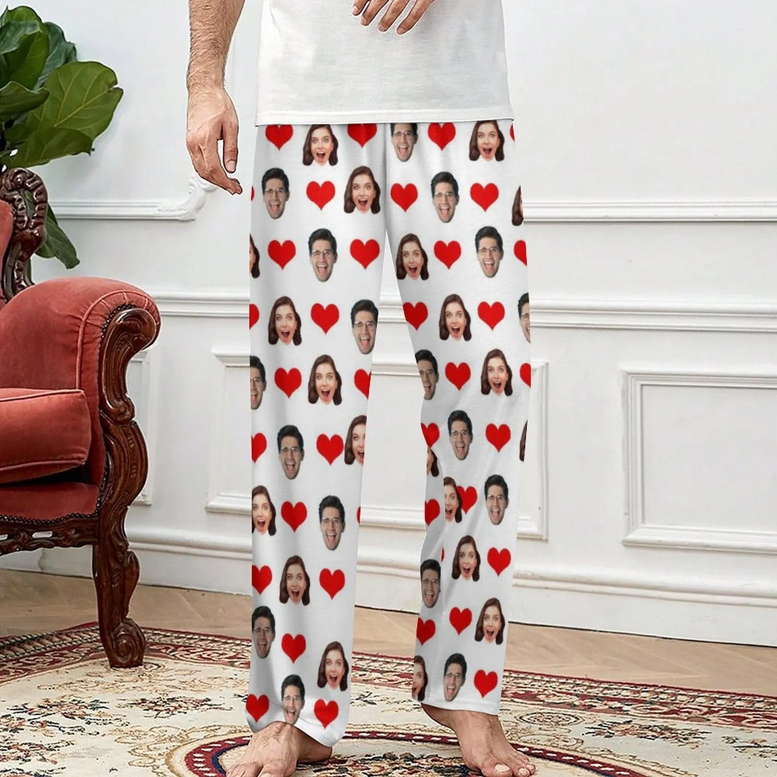 Custom Cat Dog Face Solid Color Pajama Pants and Pet Dog Bandana