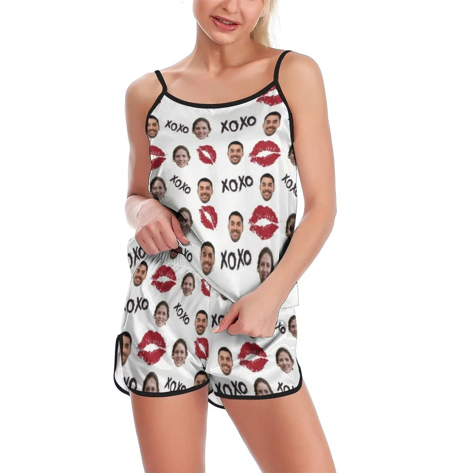 Custom Couple Face Pajamas Red Lips Sleepwear Personalized Women's Sexy Cami Pajamas Set