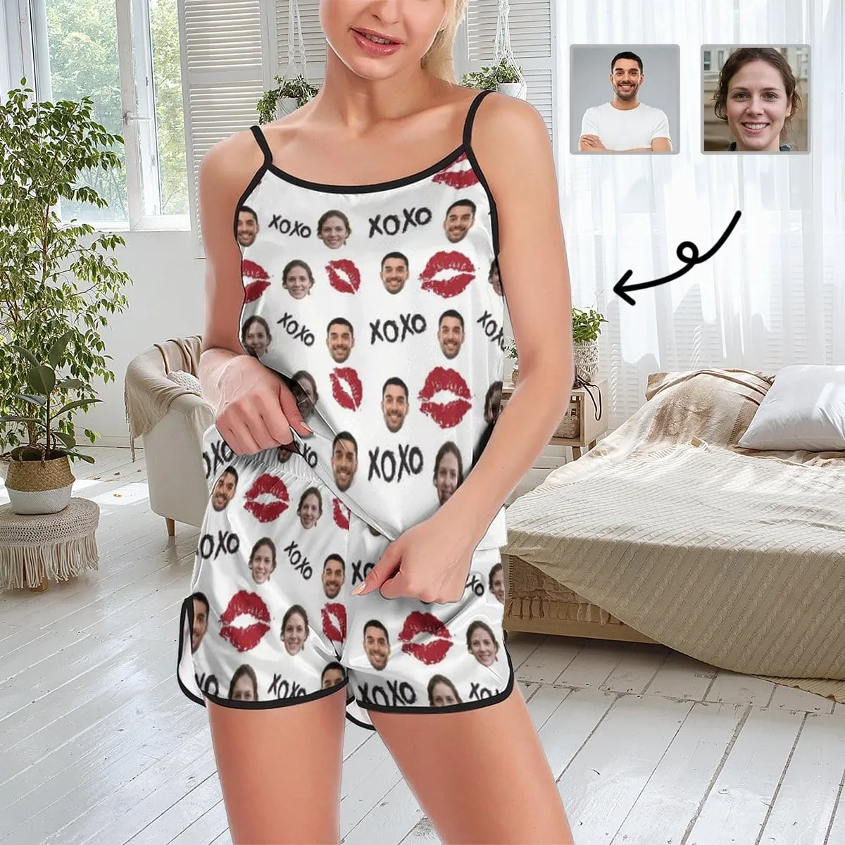 Custom Couple Face Pajamas Red Lips Sleepwear Personalized Women's Sexy Cami Pajamas Set