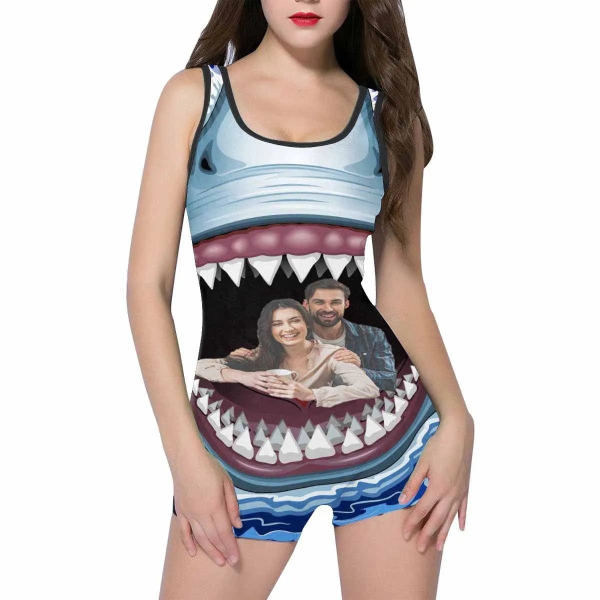 Custom Couple Face Shark Women's One Piece Boyleg Swimsuit