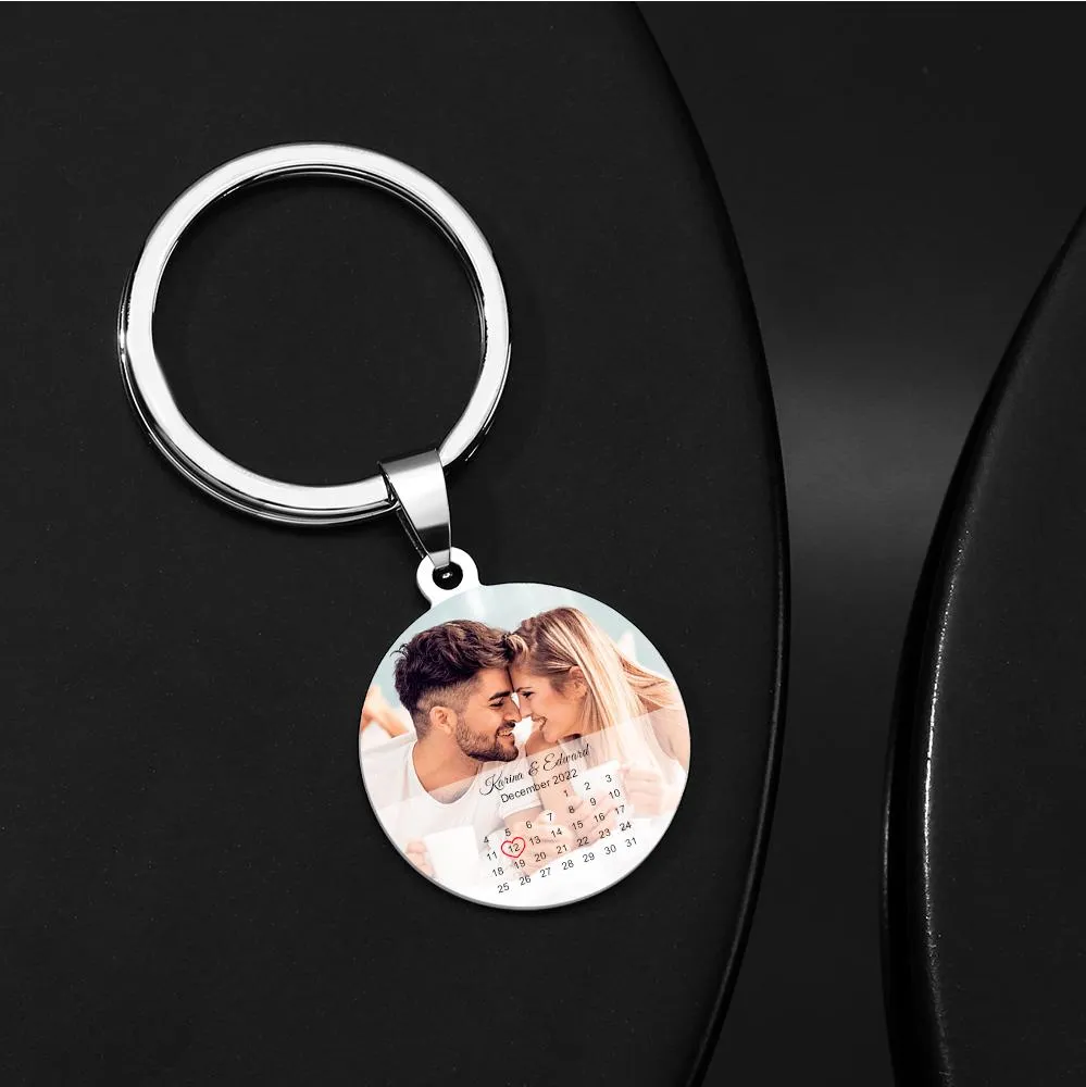 Custom Round Calendar Tag Photo Keychain Memorial Gifts for Couple