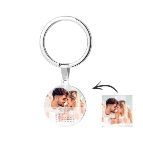 Custom Round Calendar Tag Photo Keychain Memorial Gifts for Couple