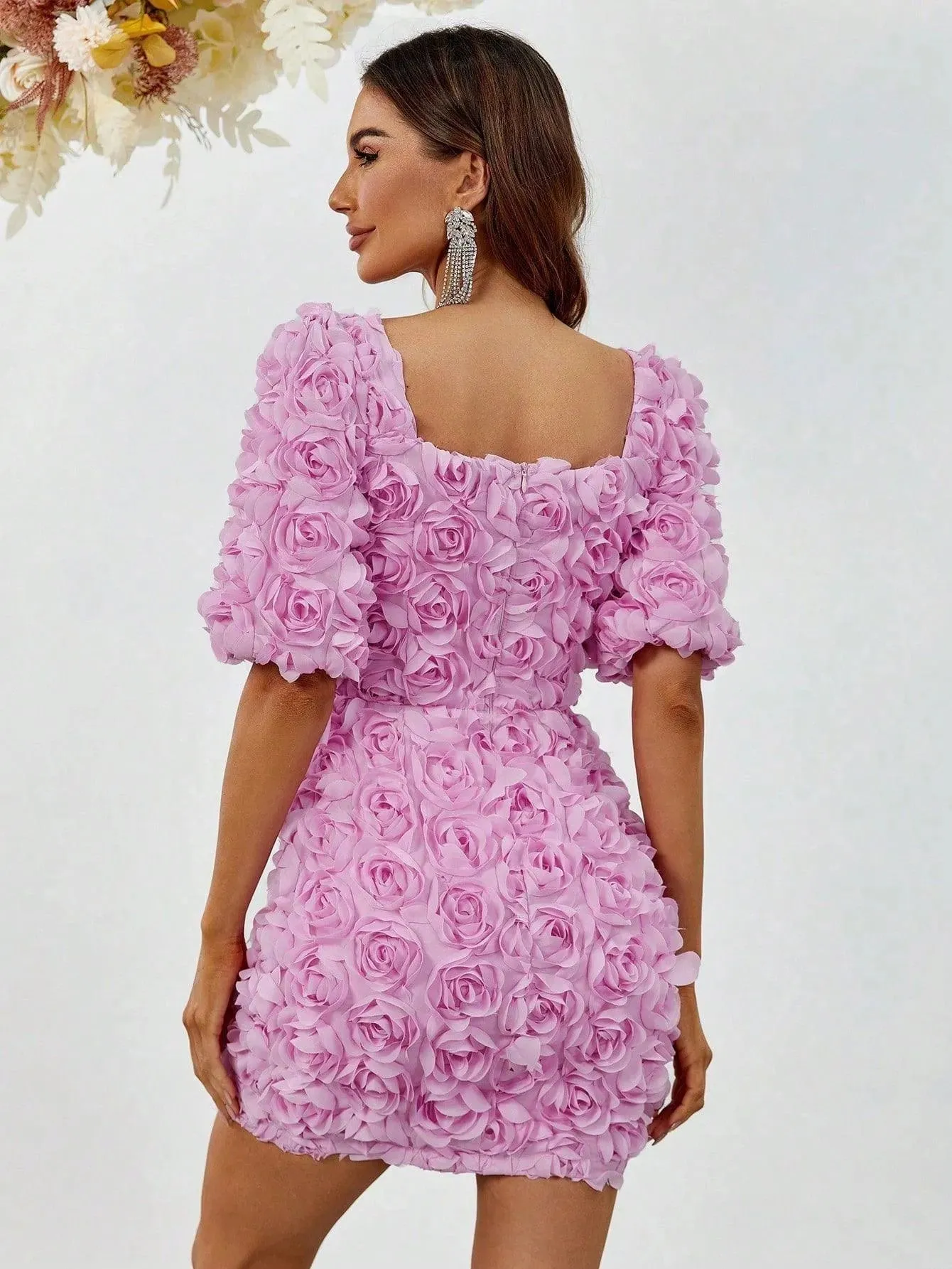 Cut Out Front Puff Sleeve 3D Flower Party Dress