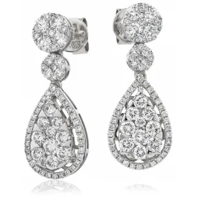 DIAMOND CLUSTER DROP EARRINGS IN 18K WHITE GOLD