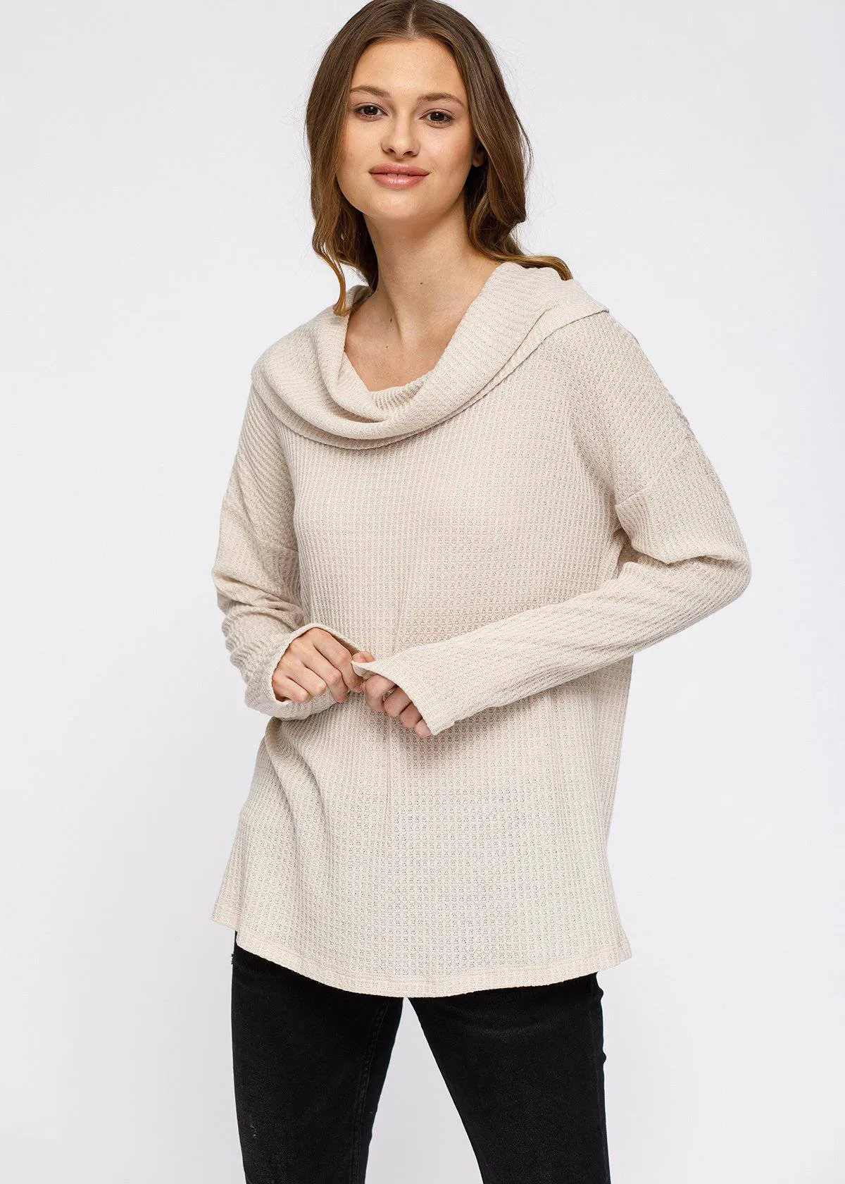 Draped Cowl Neck Drop Shoulder Top in Cream