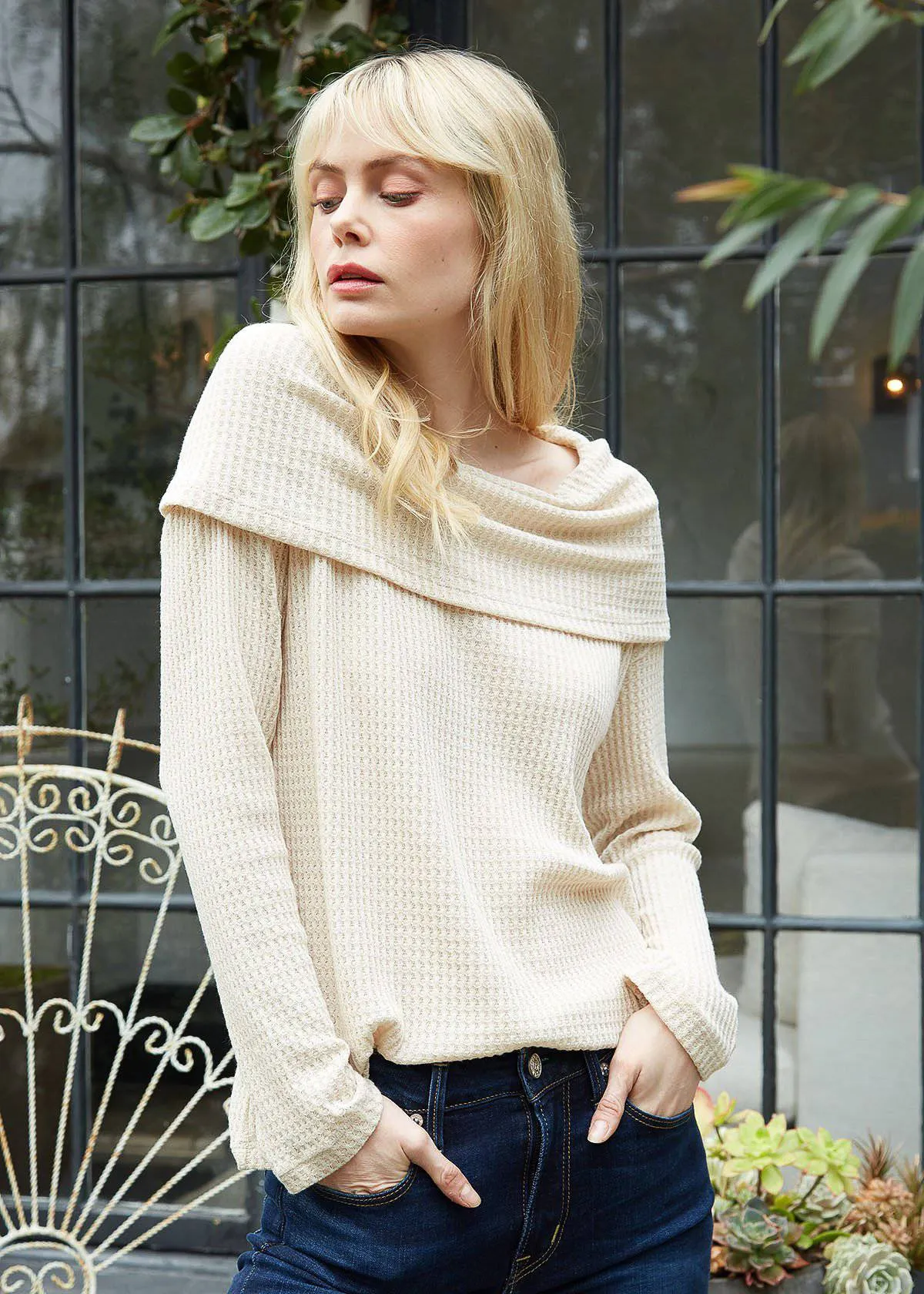 Draped Cowl Neck Drop Shoulder Top in Cream