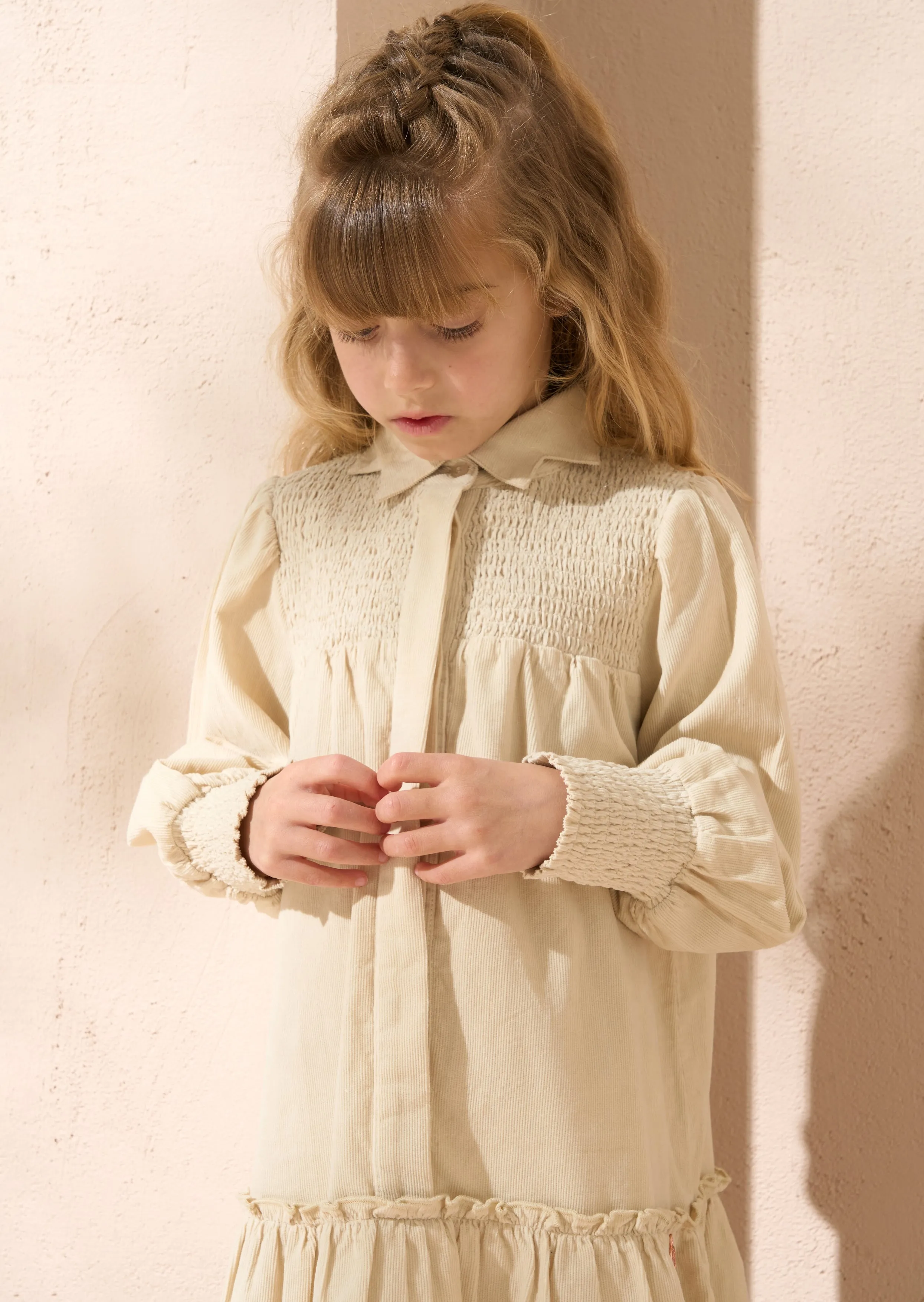 dress corduroy shirt style smocked top - cream