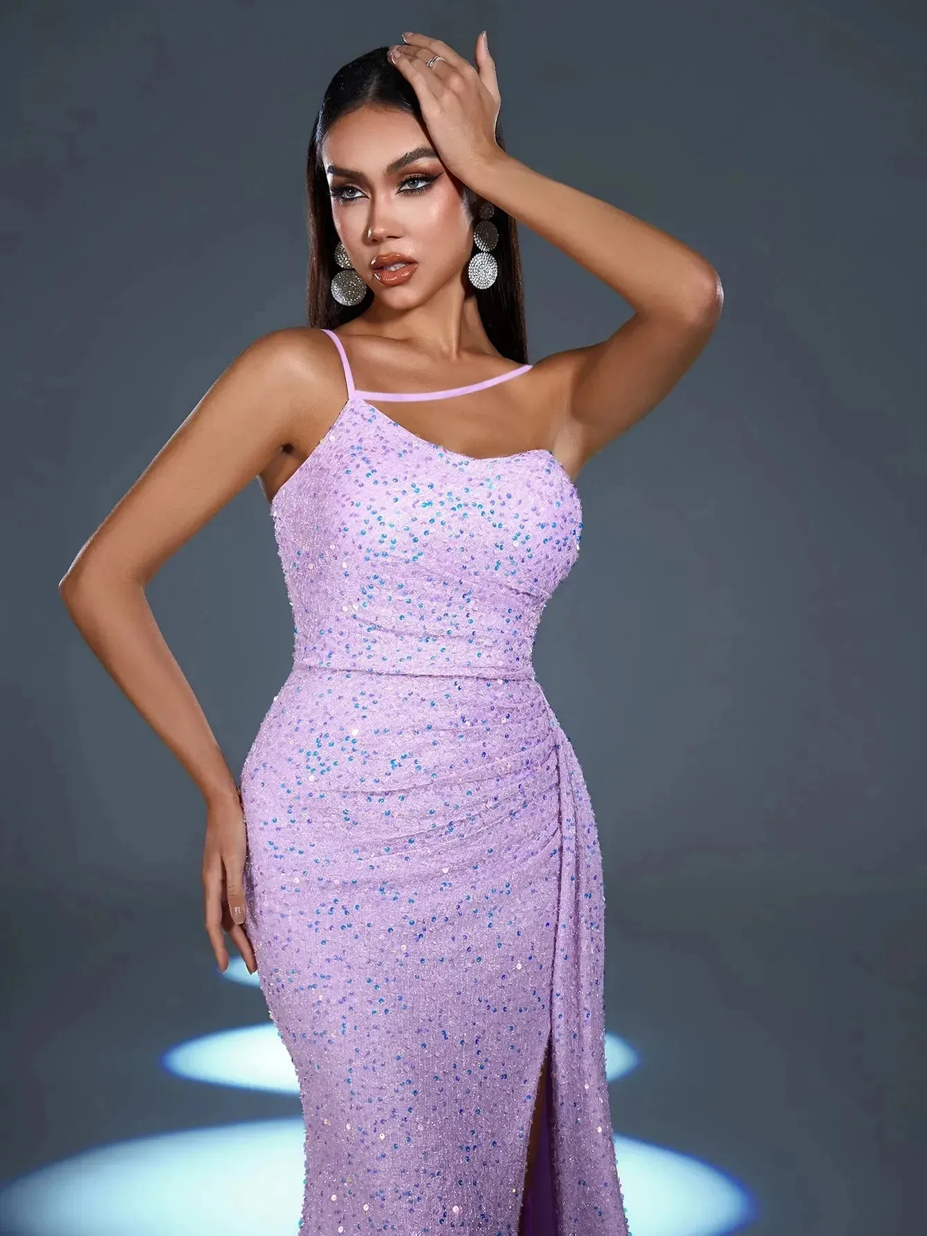 Elegant Asymmetrical Spaghetti Straps Split Thigh Sequin Party Dress