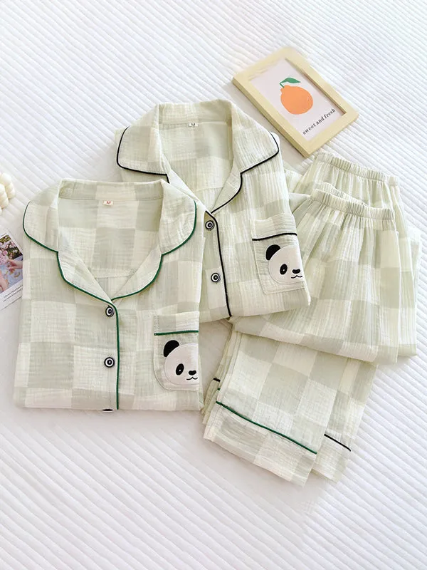 Embroidered Panda Plaid Cotton Pajama Set