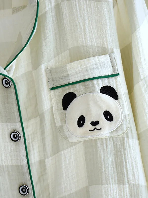 Embroidered Panda Plaid Cotton Pajama Set