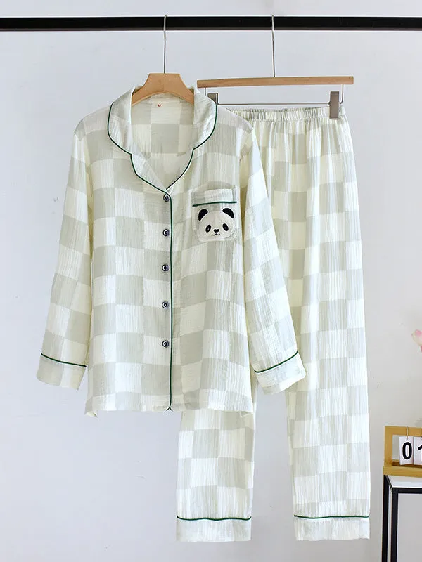 Embroidered Panda Plaid Cotton Pajama Set