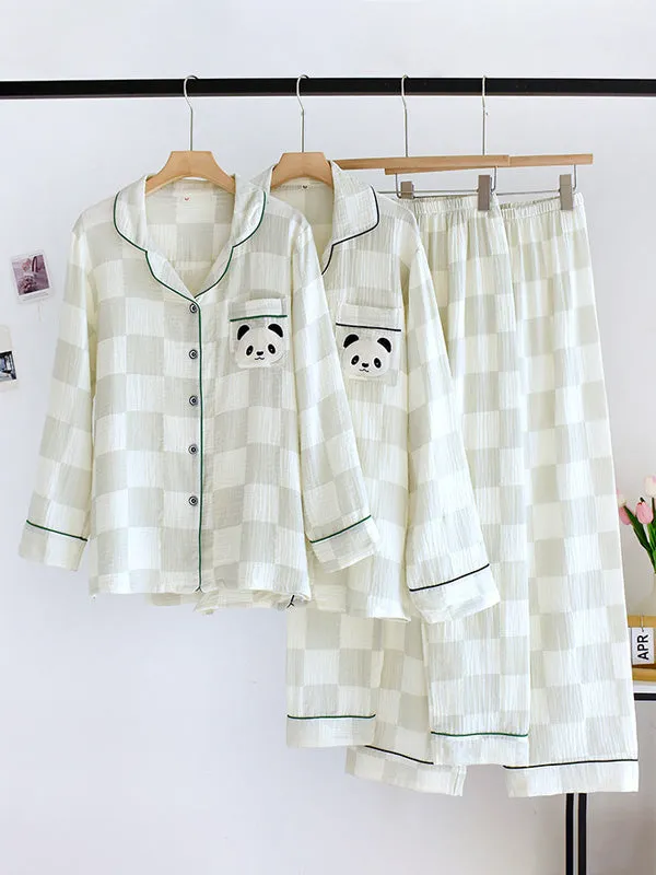 Embroidered Panda Plaid Cotton Pajama Set