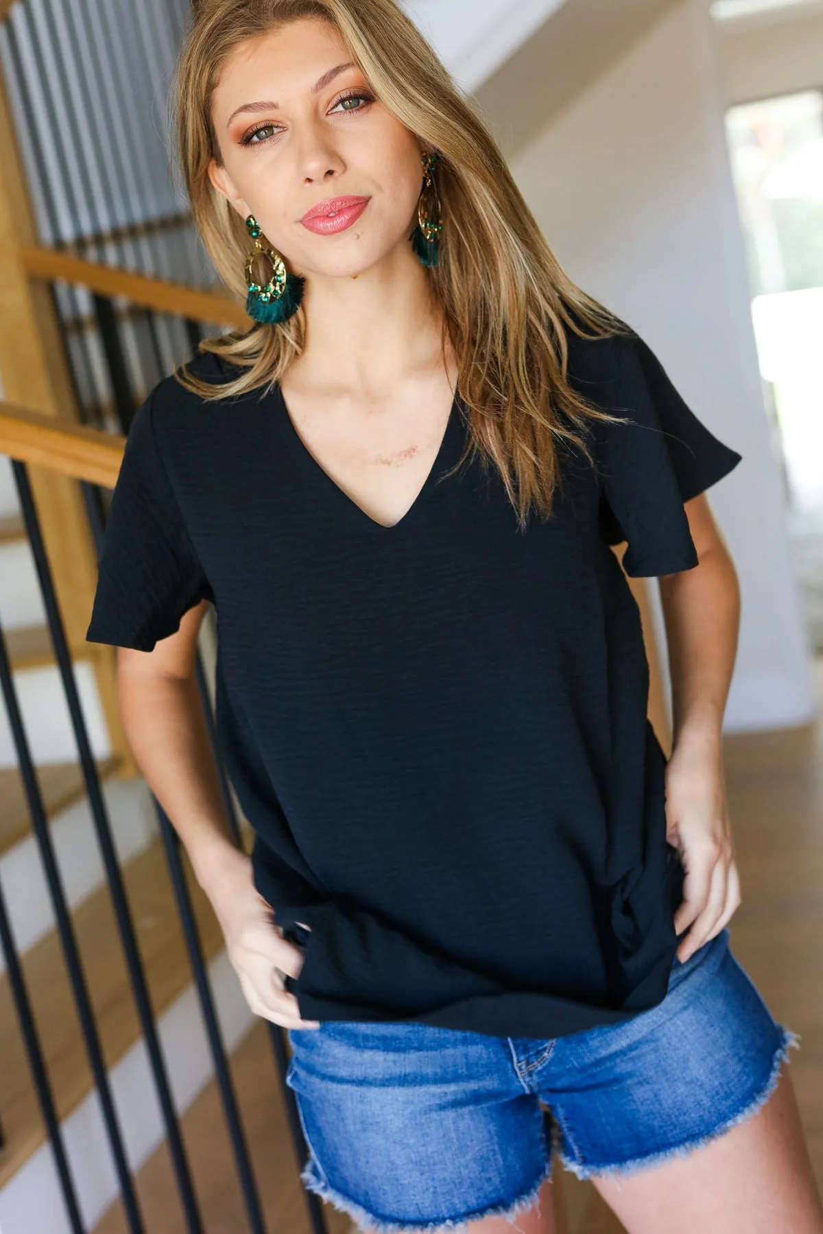 Explore More Collection - Black Flutter Sleeve V Neck Top