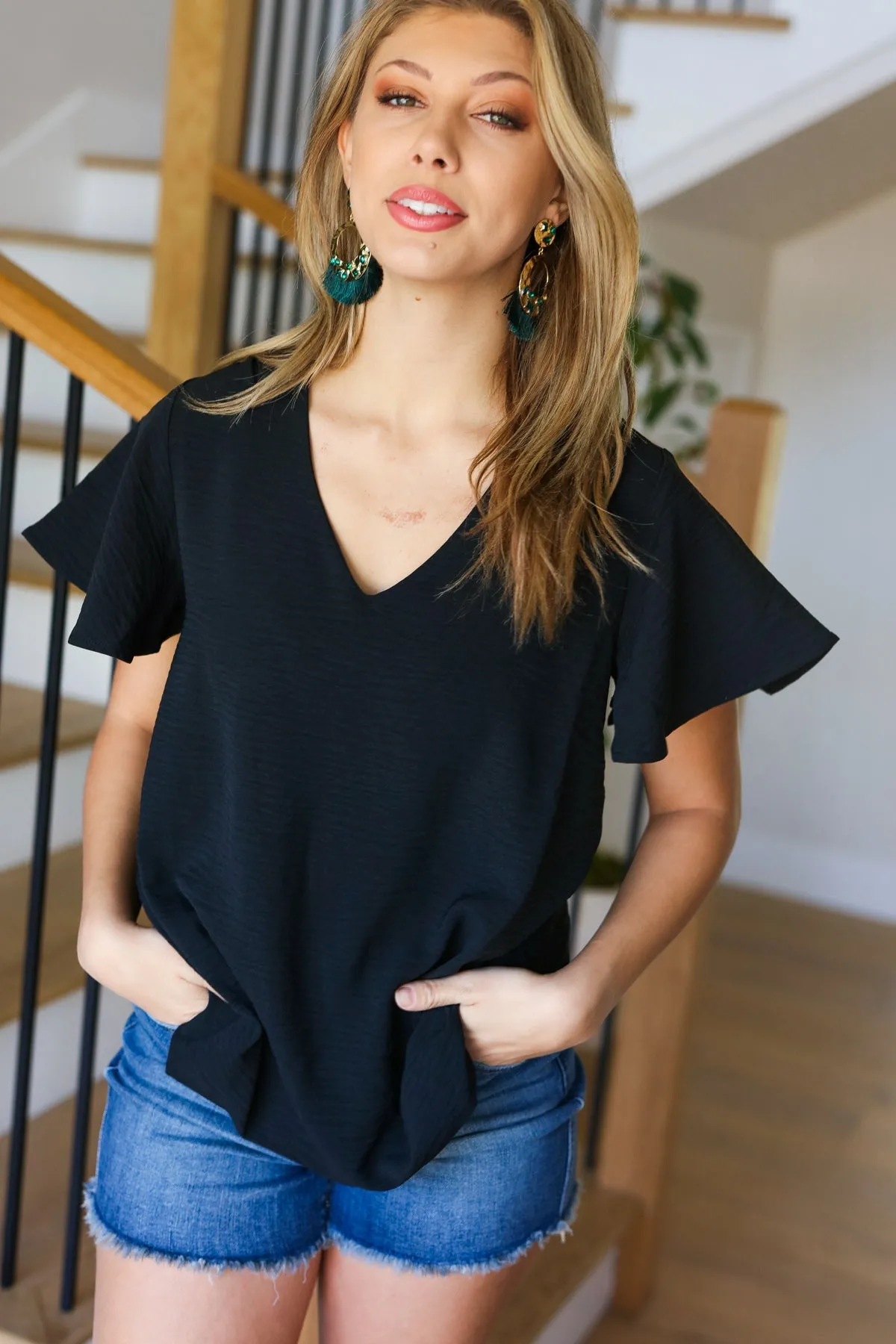 Explore More Collection - Black Flutter Sleeve V Neck Top