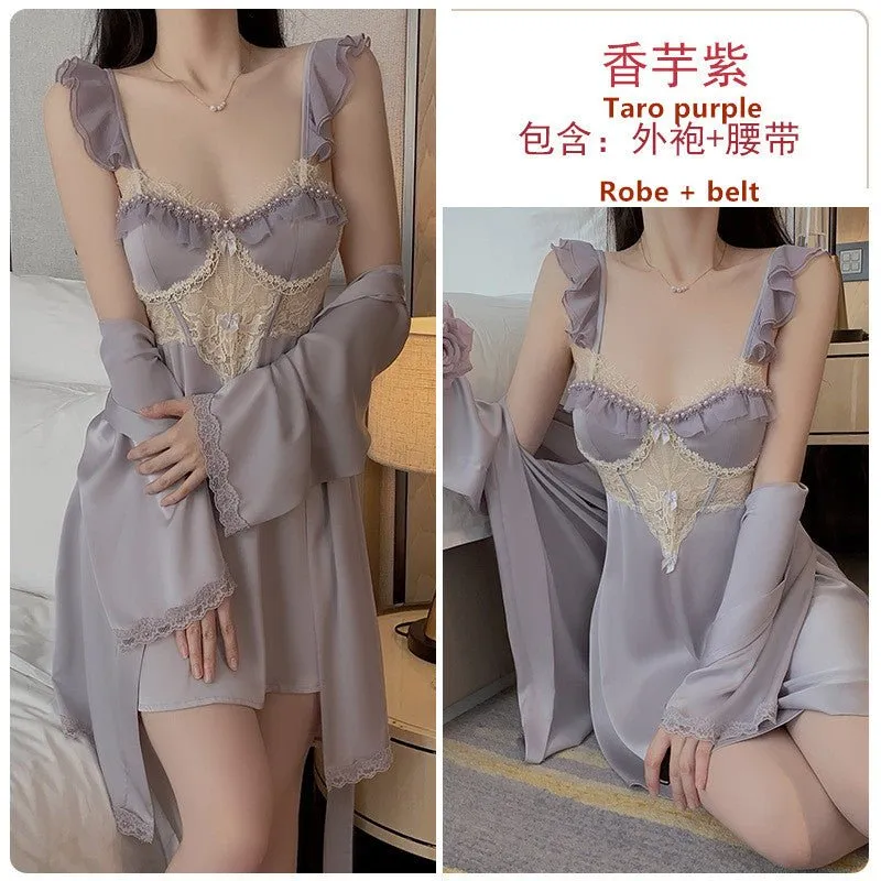 Fashion Women's Pajamas Fly Sleeve Backless Plus Size Pearl Sling Nightgown 3978