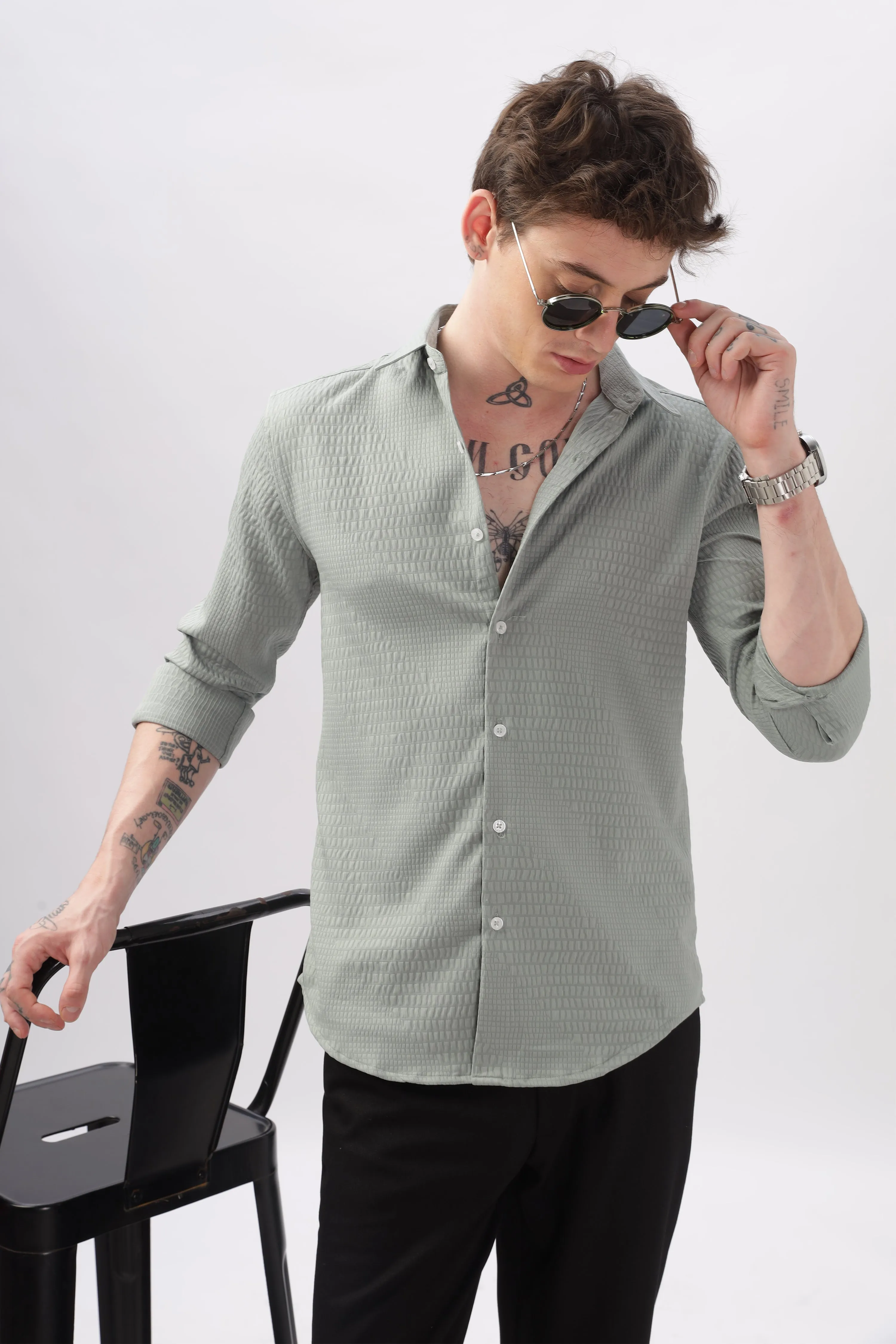 Faux Alligator Print  Green Textured Shirt