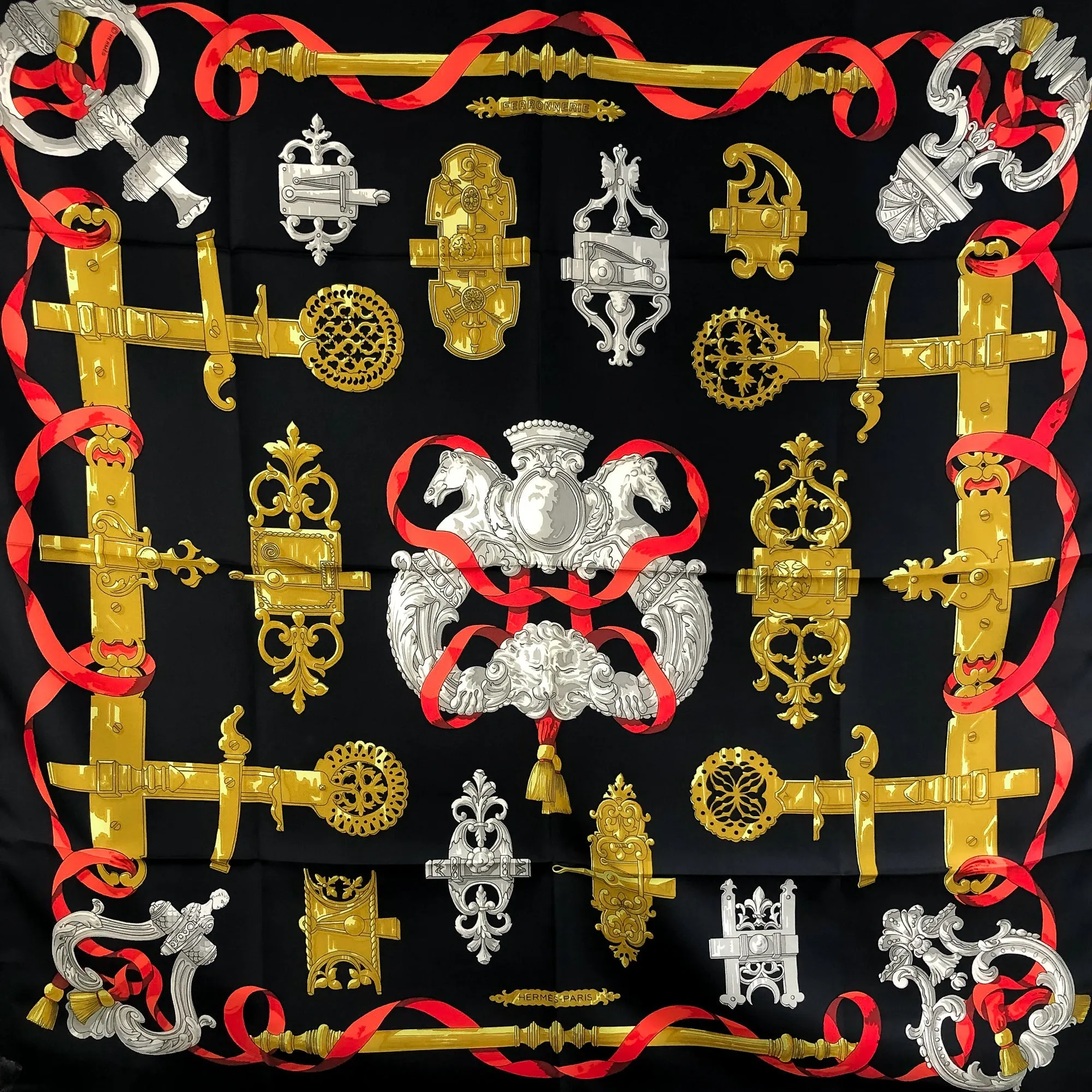 Ferronnerie Hermes Scarf by Caty Latham 90cm Silk Twill Black Col.