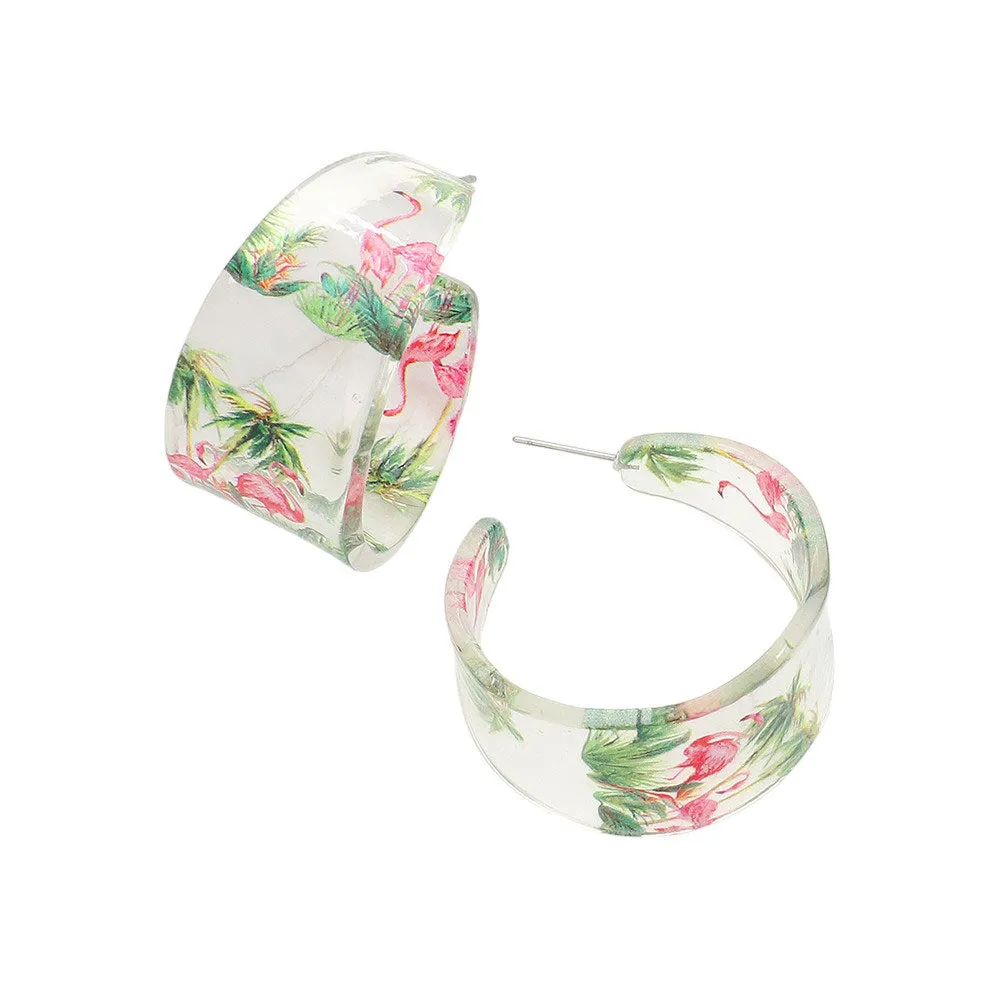 Flamingo Printed Acrylic Hoop Earrings