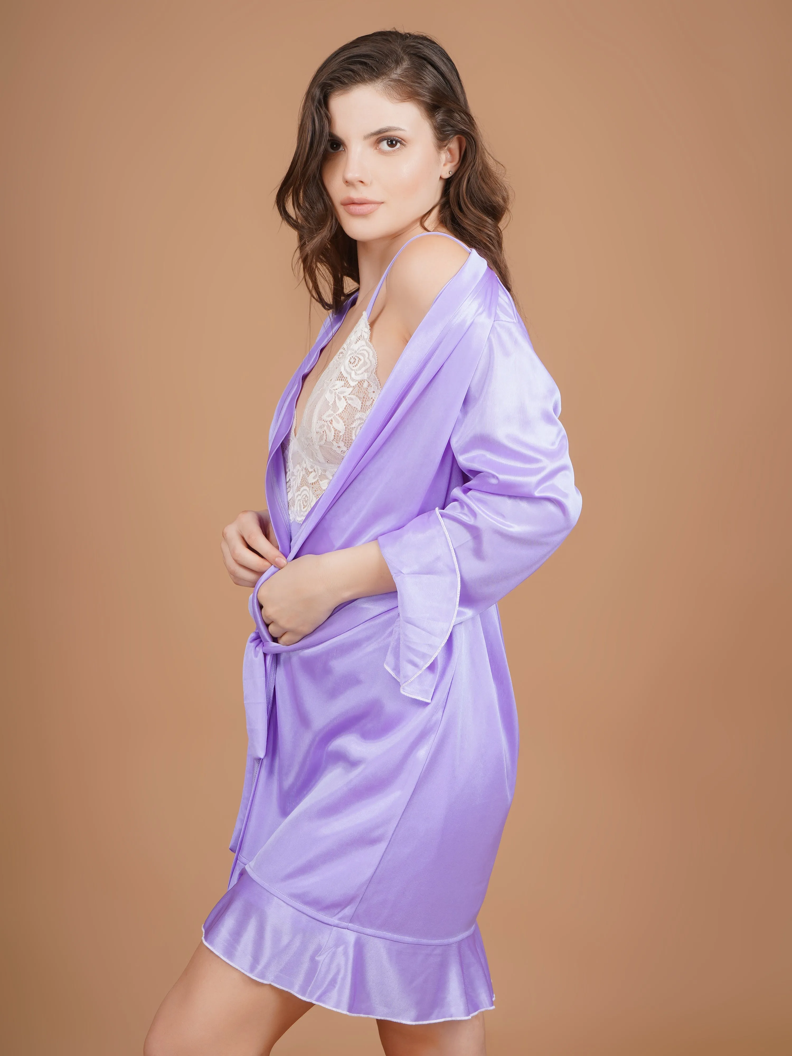 Flared Sleeves Lavender Satin Robe