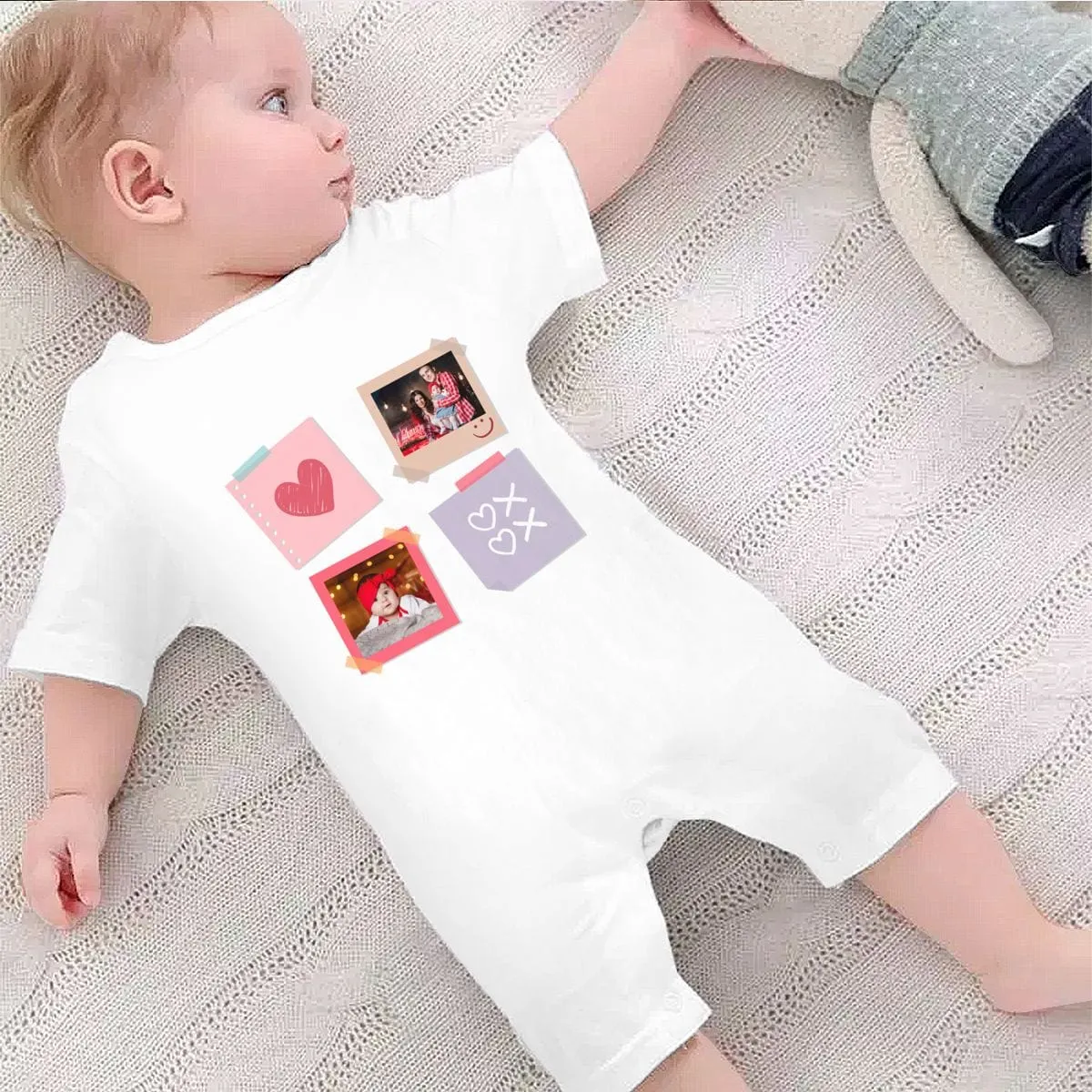 #For 0-2T-Custom 2 Photos Baby Short Sleeve Rompers 100% Organic Cotton Jumpsuit One-piece Coverall and Layette Set