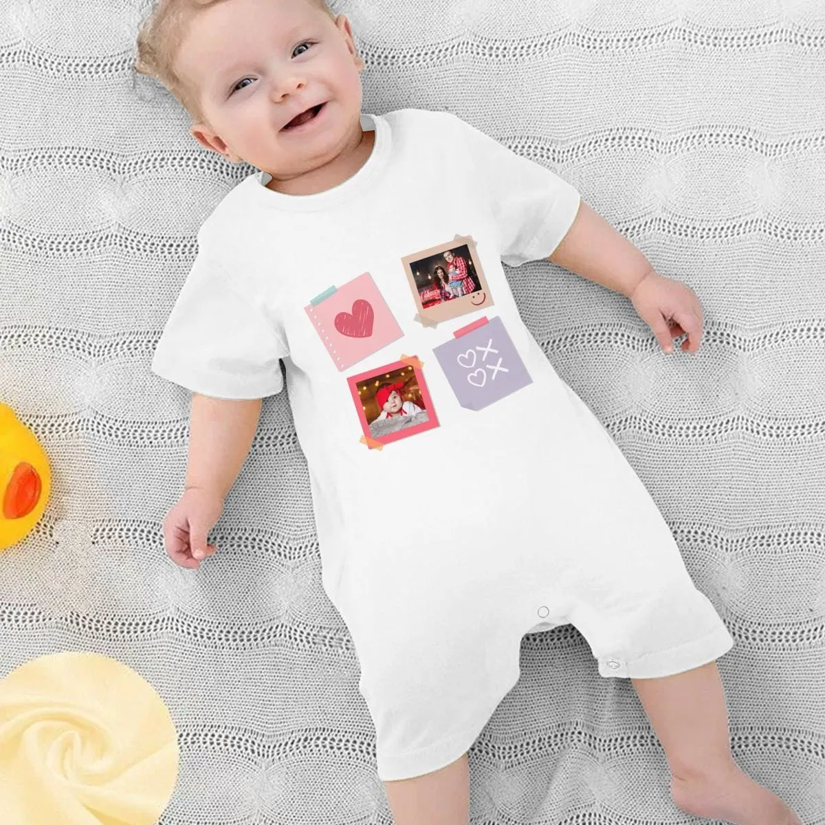 #For 0-2T-Custom 2 Photos Baby Short Sleeve Rompers 100% Organic Cotton Jumpsuit One-piece Coverall and Layette Set