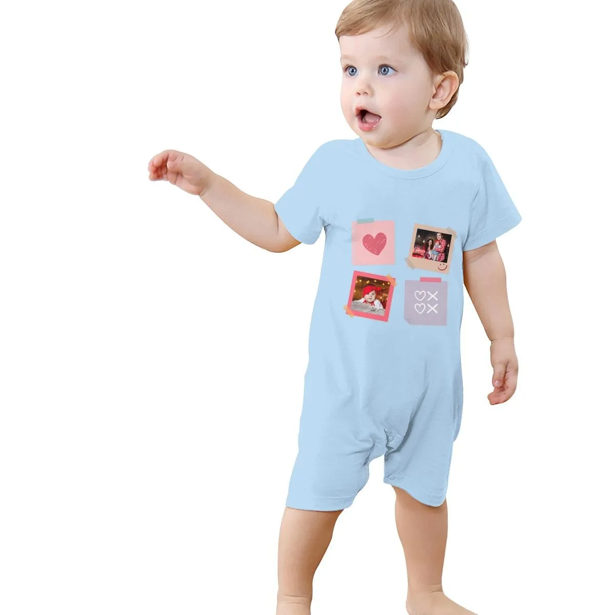 #For 0-2T-Custom 2 Photos Baby Short Sleeve Rompers 100% Organic Cotton Jumpsuit One-piece Coverall and Layette Set