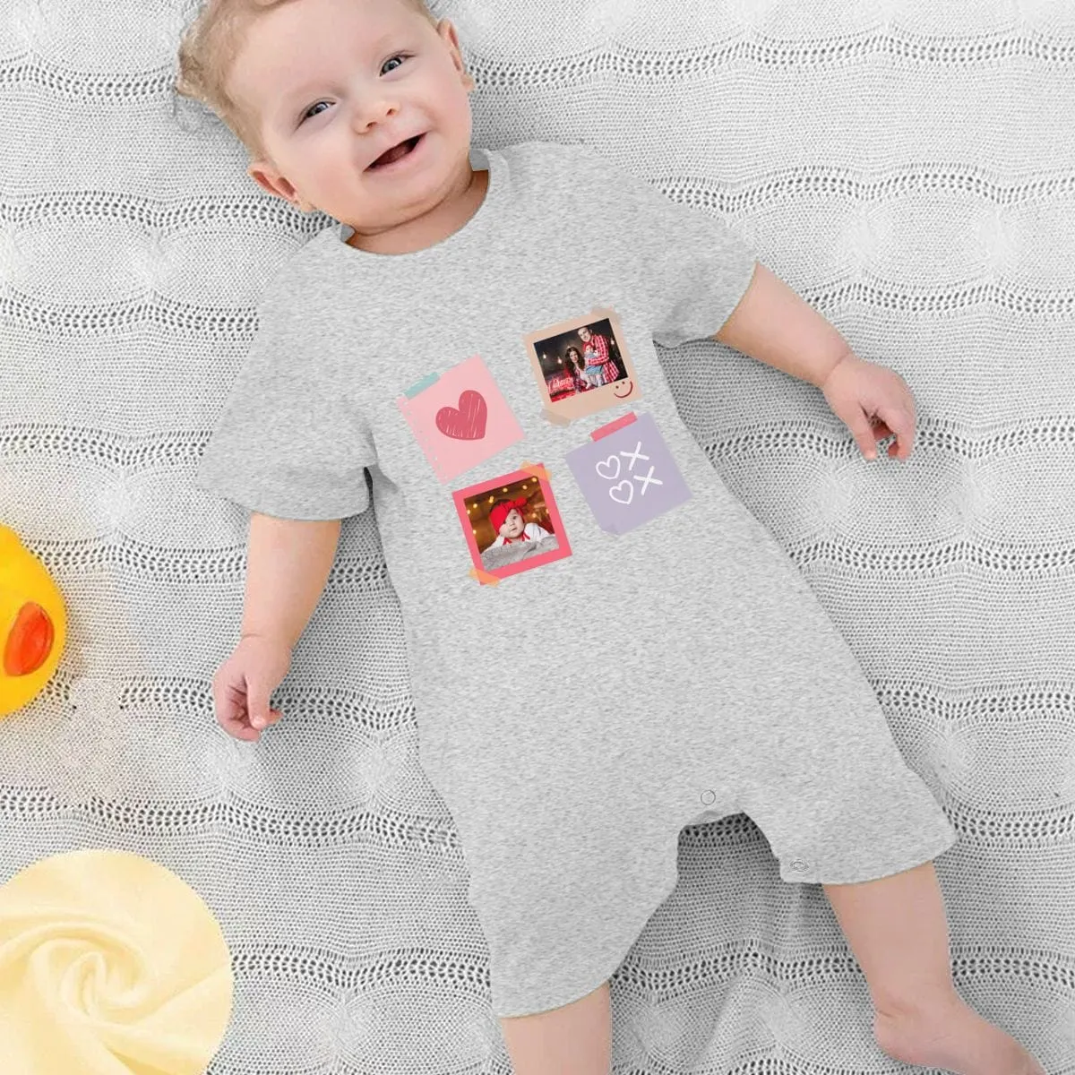 #For 0-2T-Custom 2 Photos Baby Short Sleeve Rompers 100% Organic Cotton Jumpsuit One-piece Coverall and Layette Set