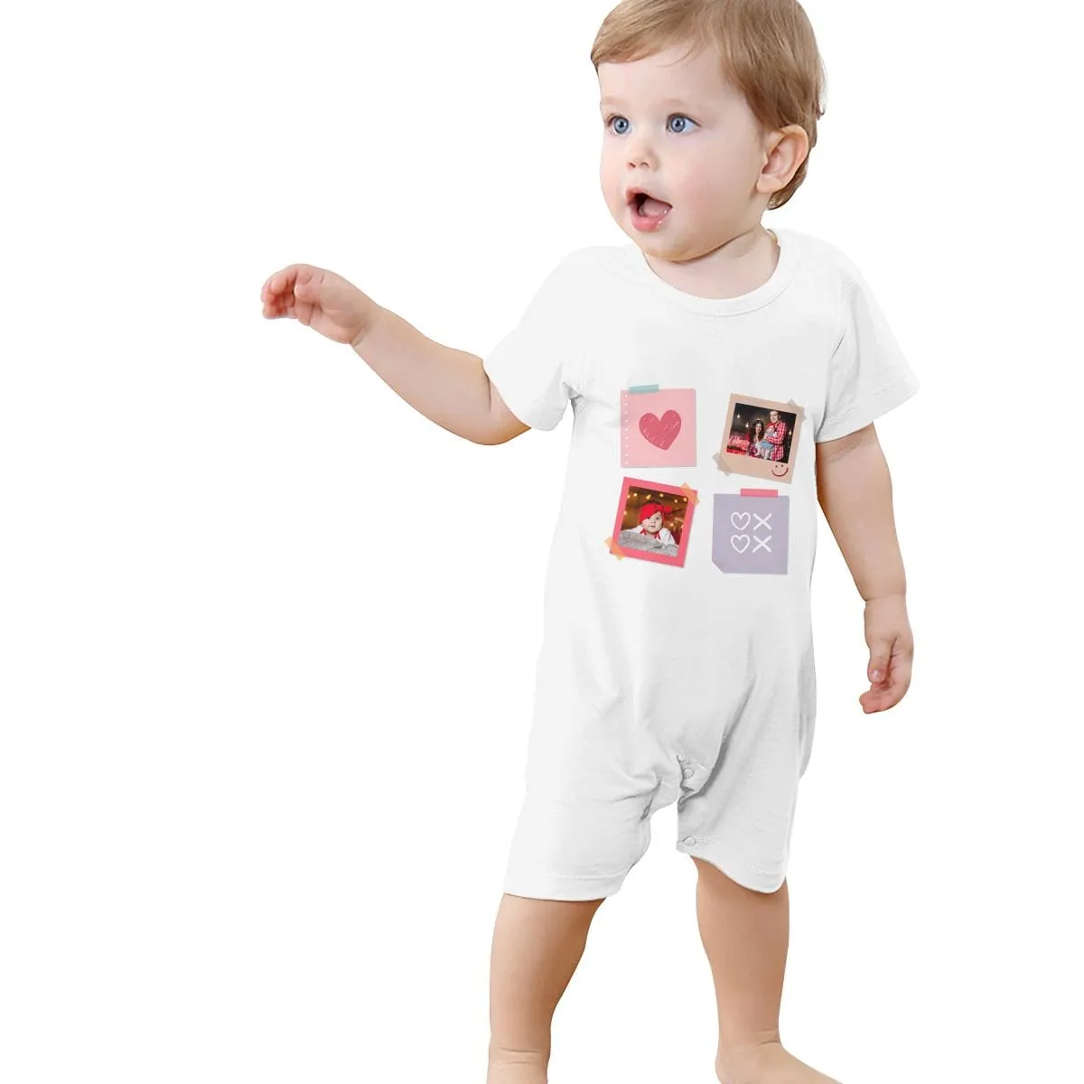 #For 0-2T-Custom 2 Photos Baby Short Sleeve Rompers 100% Organic Cotton Jumpsuit One-piece Coverall and Layette Set