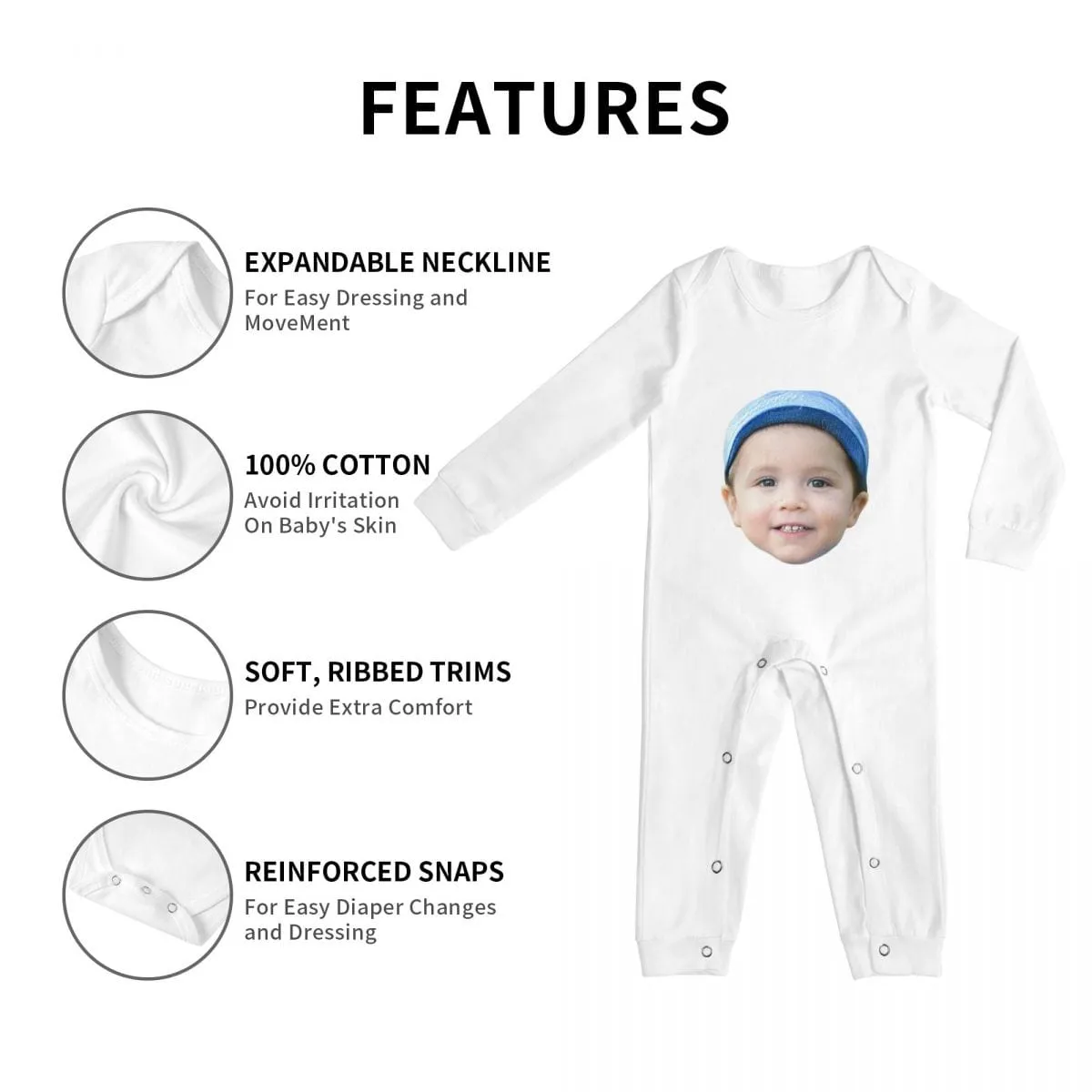 #For 6M-2T-Custom Face Baby Long Sleeve Rompers 100% Organic Cotton Jumpsuit One-piece Coverall and Layette Set