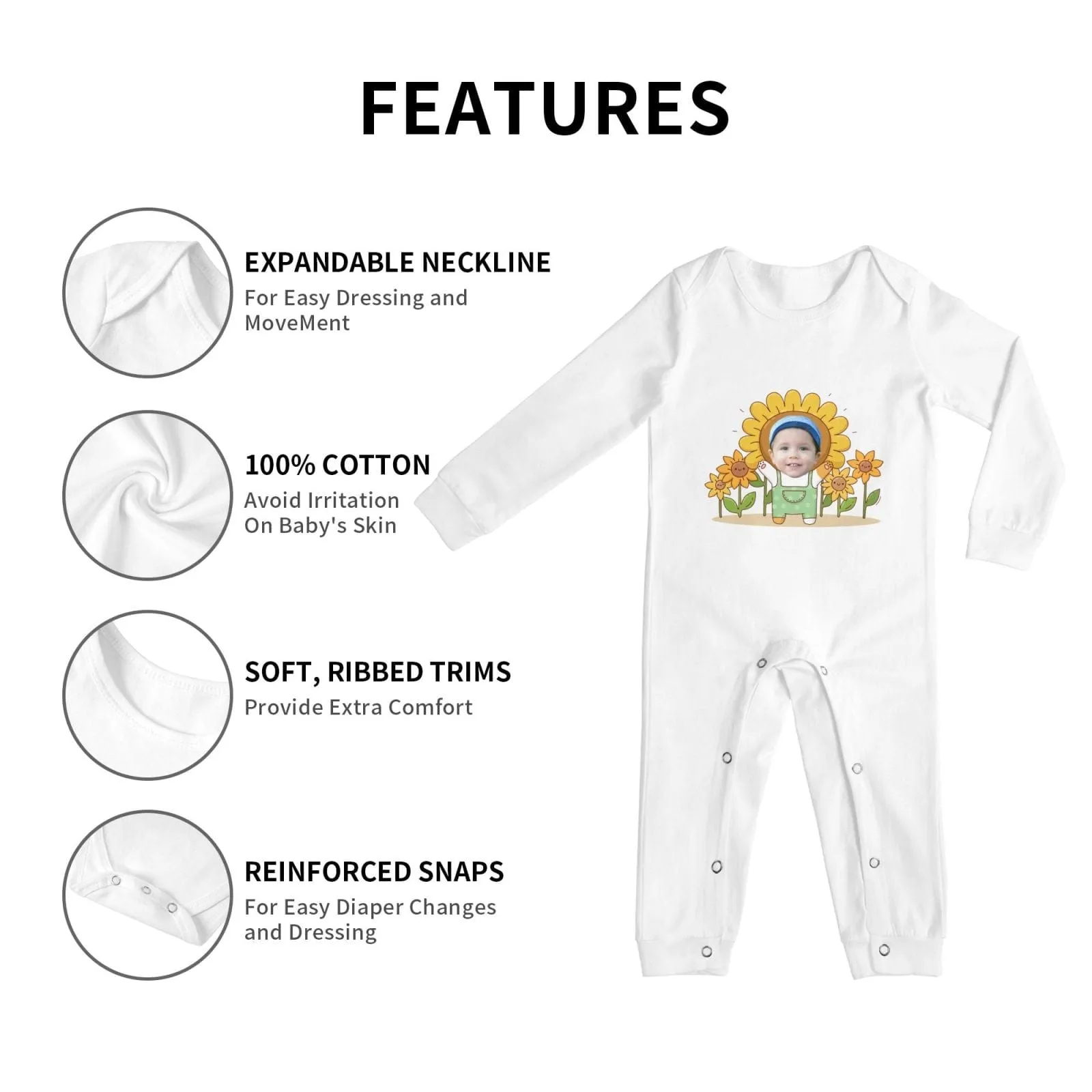 #For 6M-2T-Custom Face Sunflower Baby Long Sleeve Rompers 100% Organic Cotton Jumpsuit One-piece Coverall and Layette Set