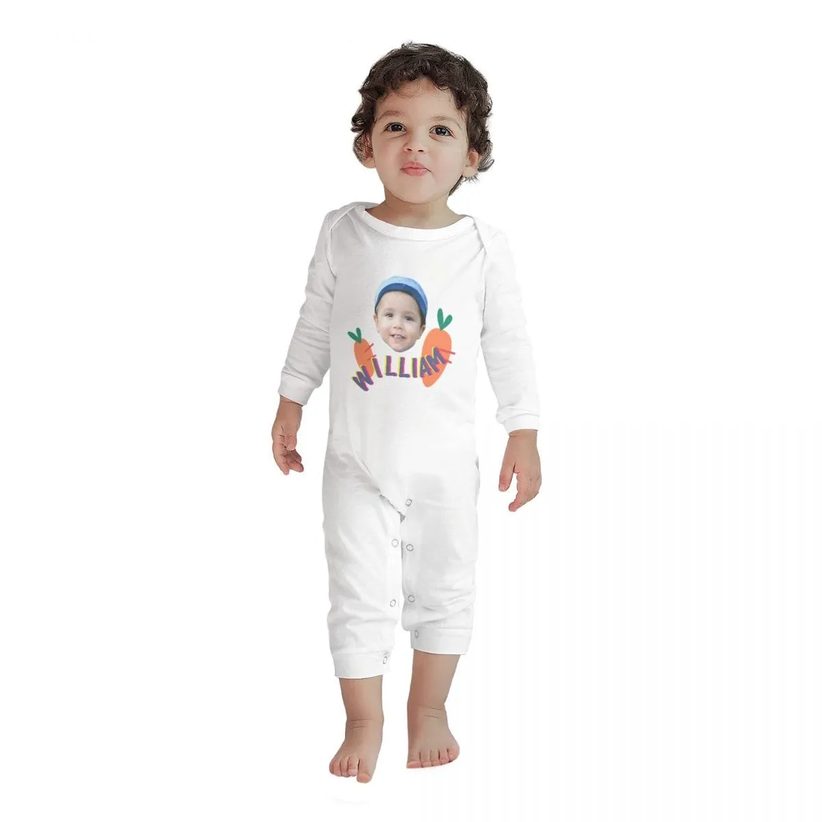 #For 6M-2T-Custom Face&Name Carrot Long Sleeve Rompers 100% Organic Cotton Jumpsuit One-piece Coverall and Layette Set