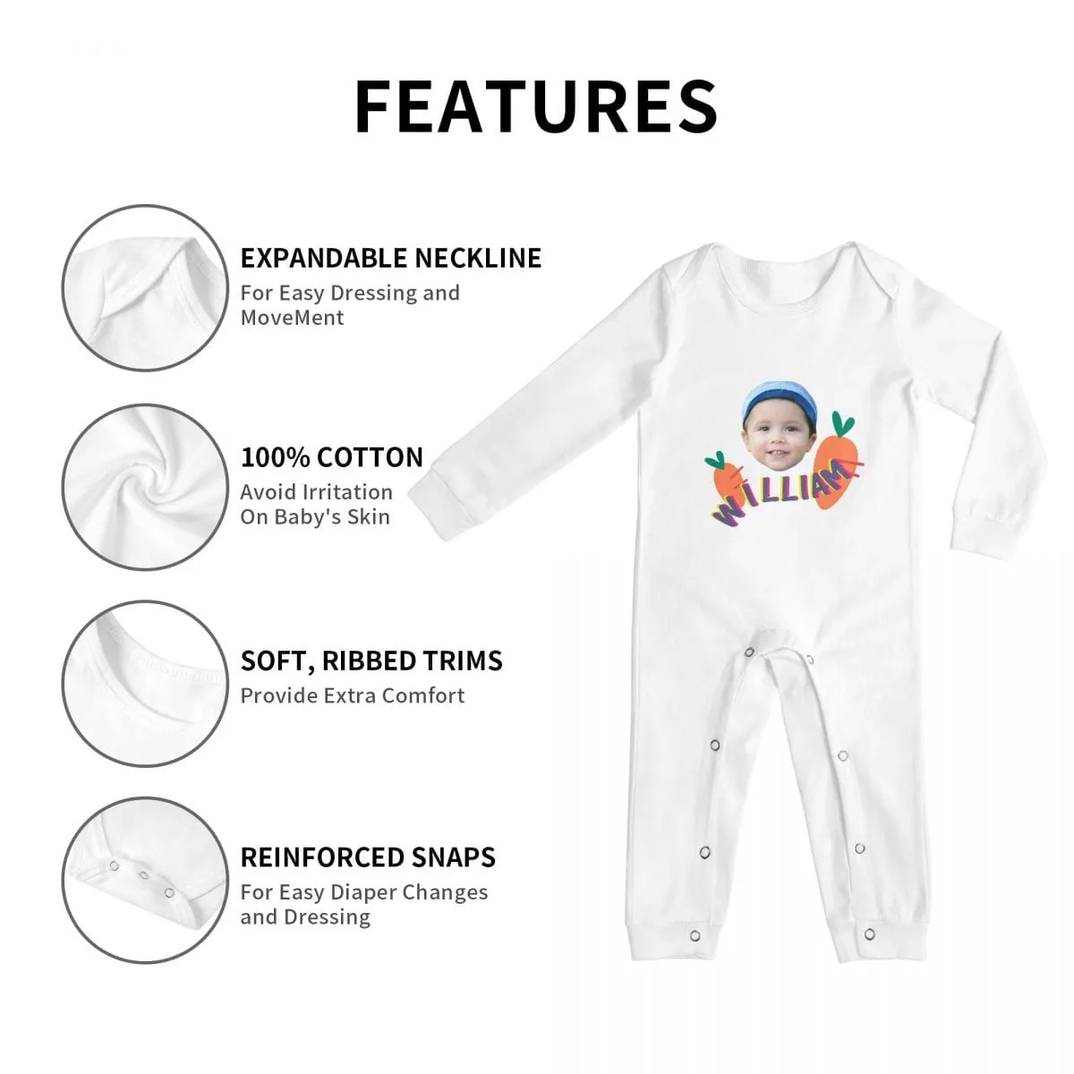 #For 6M-2T-Custom Face&Name Carrot Long Sleeve Rompers 100% Organic Cotton Jumpsuit One-piece Coverall and Layette Set