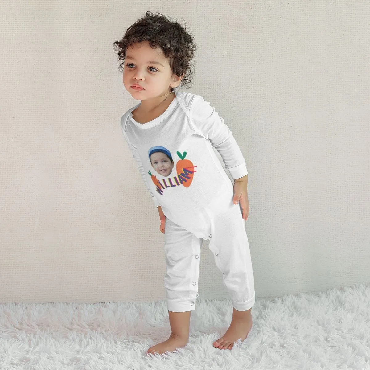 #For 6M-2T-Custom Face&Name Carrot Long Sleeve Rompers 100% Organic Cotton Jumpsuit One-piece Coverall and Layette Set