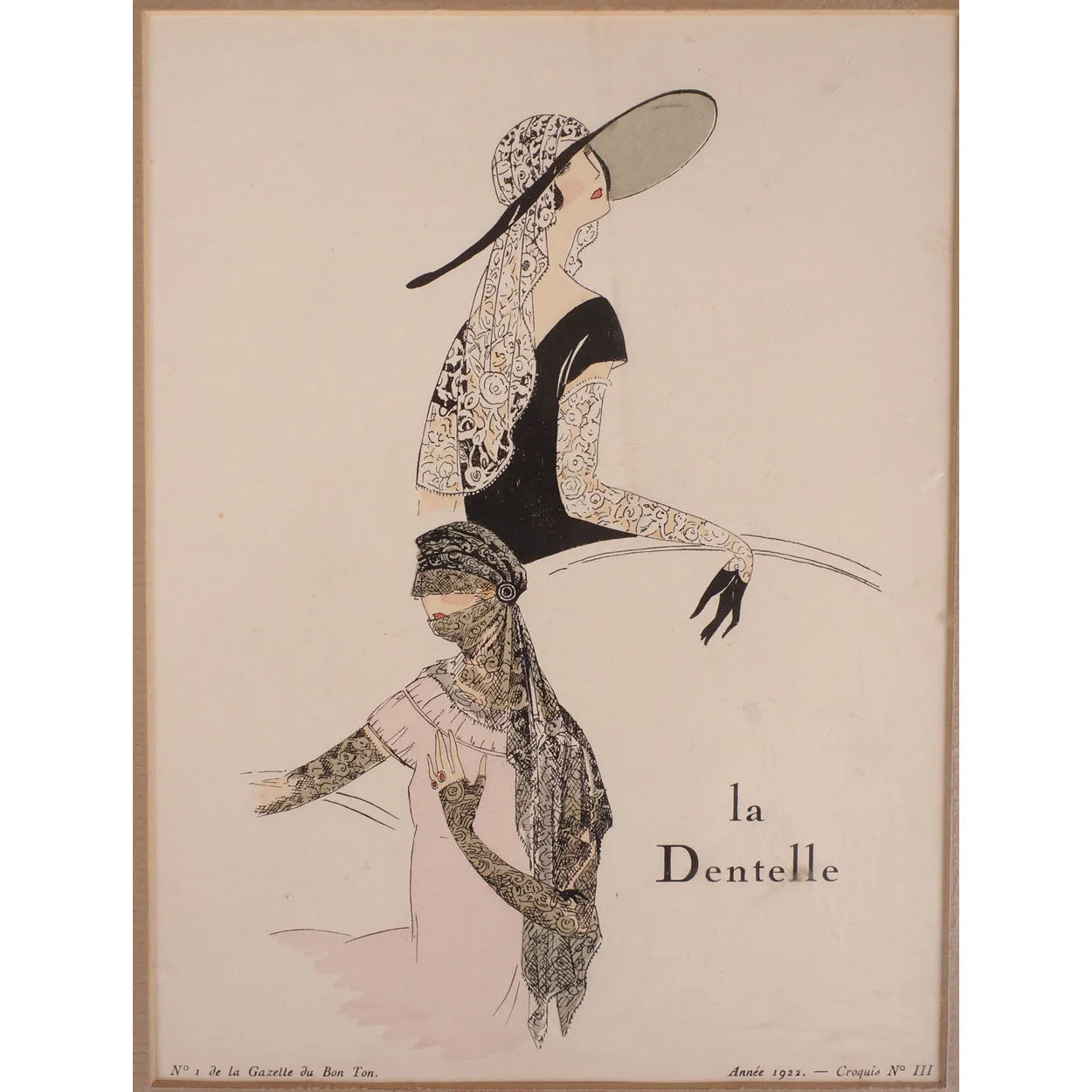 French Art Deco Pochoir Print Le Dentelle Lace Gazette du Bon Ton Issue No 1 1922