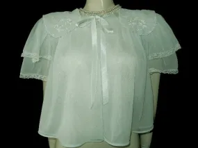 GLAMOROUS VINTAGE MUNSINGWEAR EXQUISITELY EMBROIDERED DOUBLE NYLON LACEY BED JACKET IN OCEAN KISS