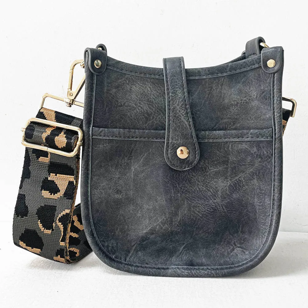 Grey Mini Distressed Vegan Leather Messenger Bag w/ Adjustable Grey Léopard Stripe Strap