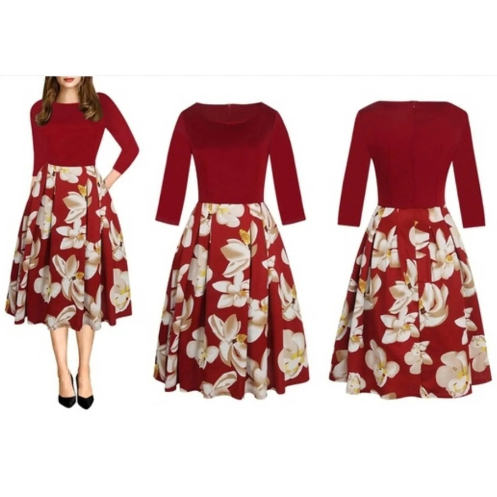 Haute Edition Retro Red Floral Knee Length Dress