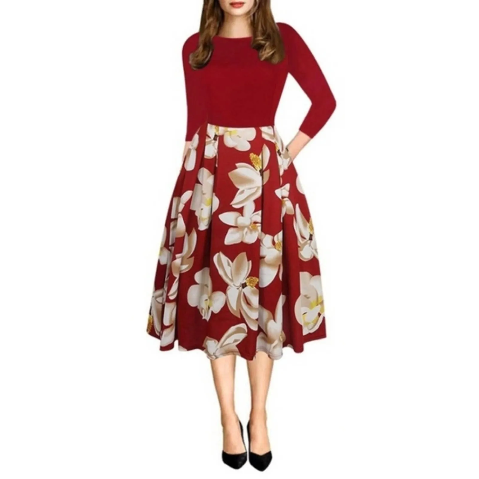 Haute Edition Retro Red Floral Knee Length Dress